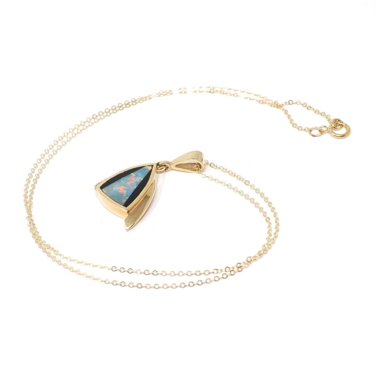Opal Doublet Pendant Necklace - Modern 14k Yellow Gold Play Of Color Gem Onyx Inlay Diamond Accents - Circa 2000s Era Modernist Fine Jewelry