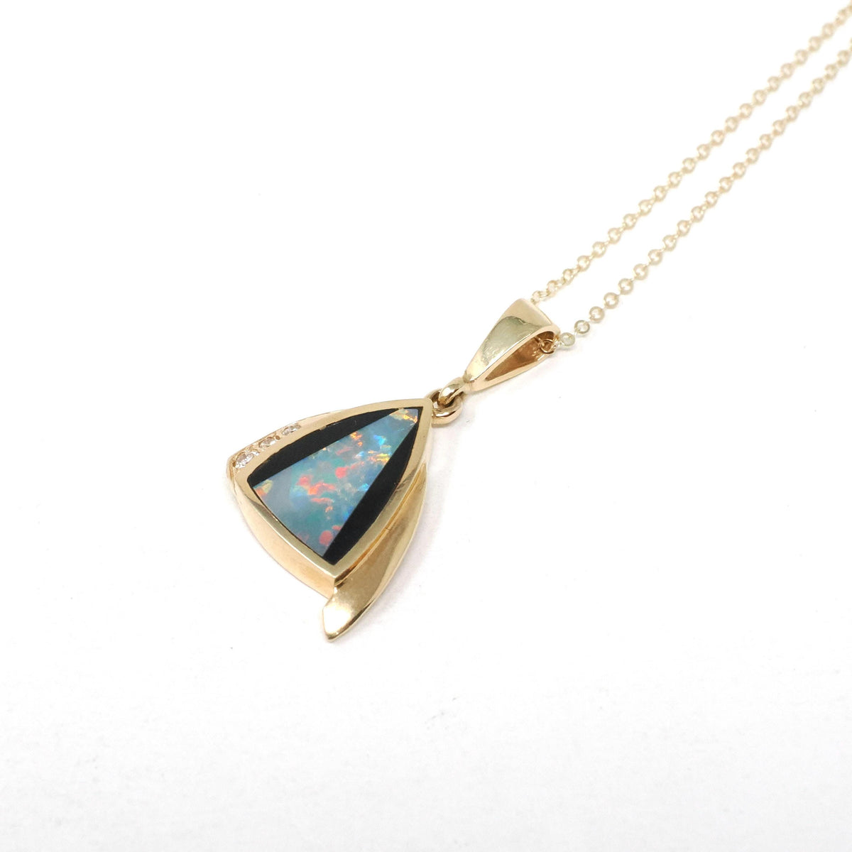 Opal Doublet Pendant Necklace - Modern 14k Yellow Gold Play Of Color Gem Onyx Inlay Diamond Accents - Circa 2000s Era Modernist Fine Jewelry