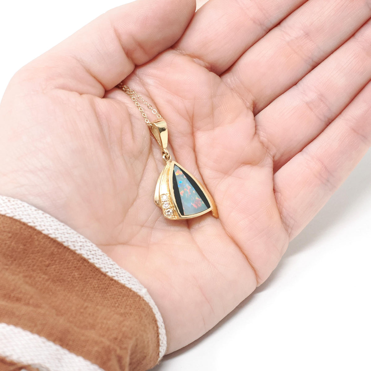 Opal Doublet Pendant Necklace - Modern 14k Yellow Gold Play Of Color Gem Onyx Inlay Diamond Accents - Circa 2000s Era Modernist Fine Jewelry