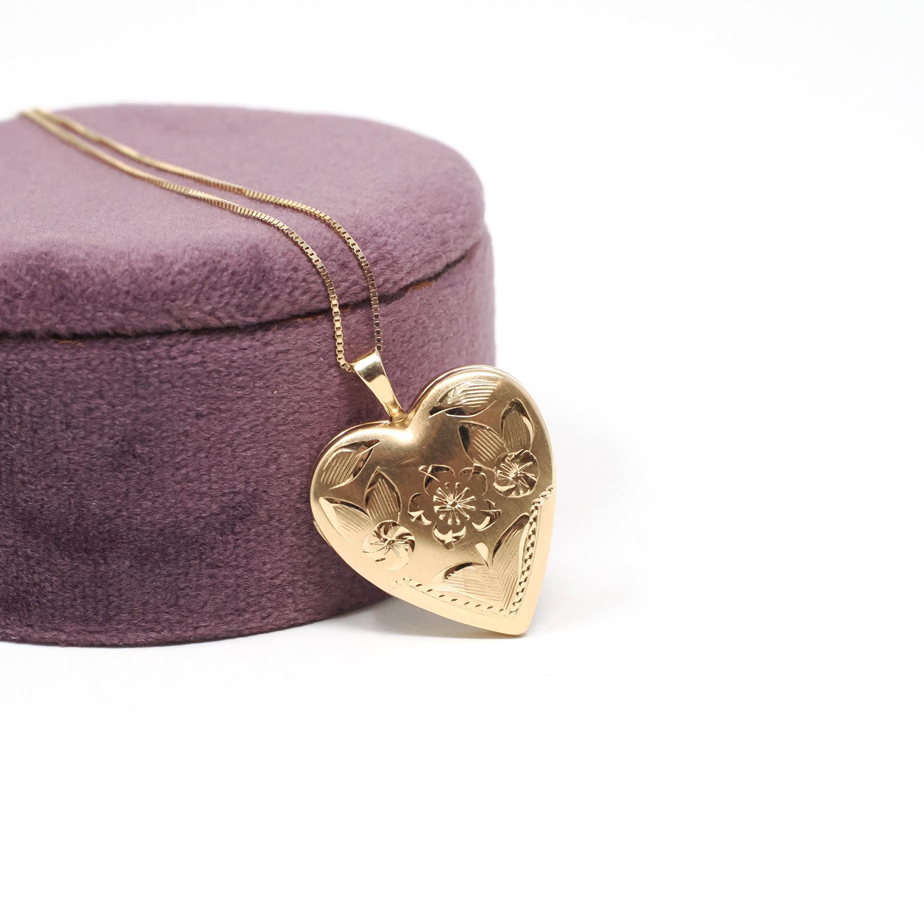 Vintage Heart Locket - Retro 14k Yellow Gold Floral Engraved Charm Pendant Necklace - Circa 1970s Keepsake Fine Photo Memorabilia Jewelry