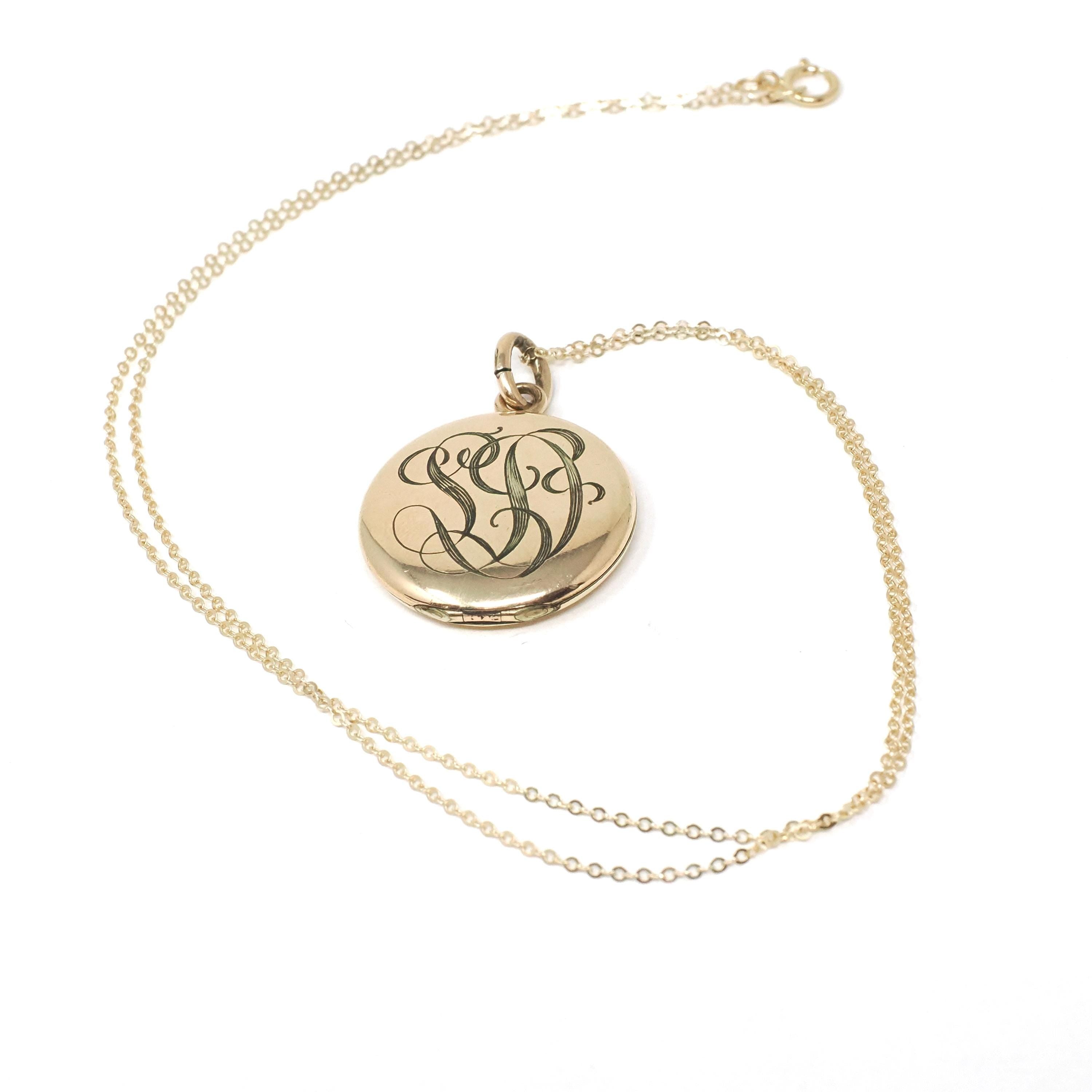 Antique "SD" Locket - Edwardian Gold Filled Round Engraved Photo Pendant Necklace - Antique 1900s Photograph Monogrammed Keepsake Jewelry