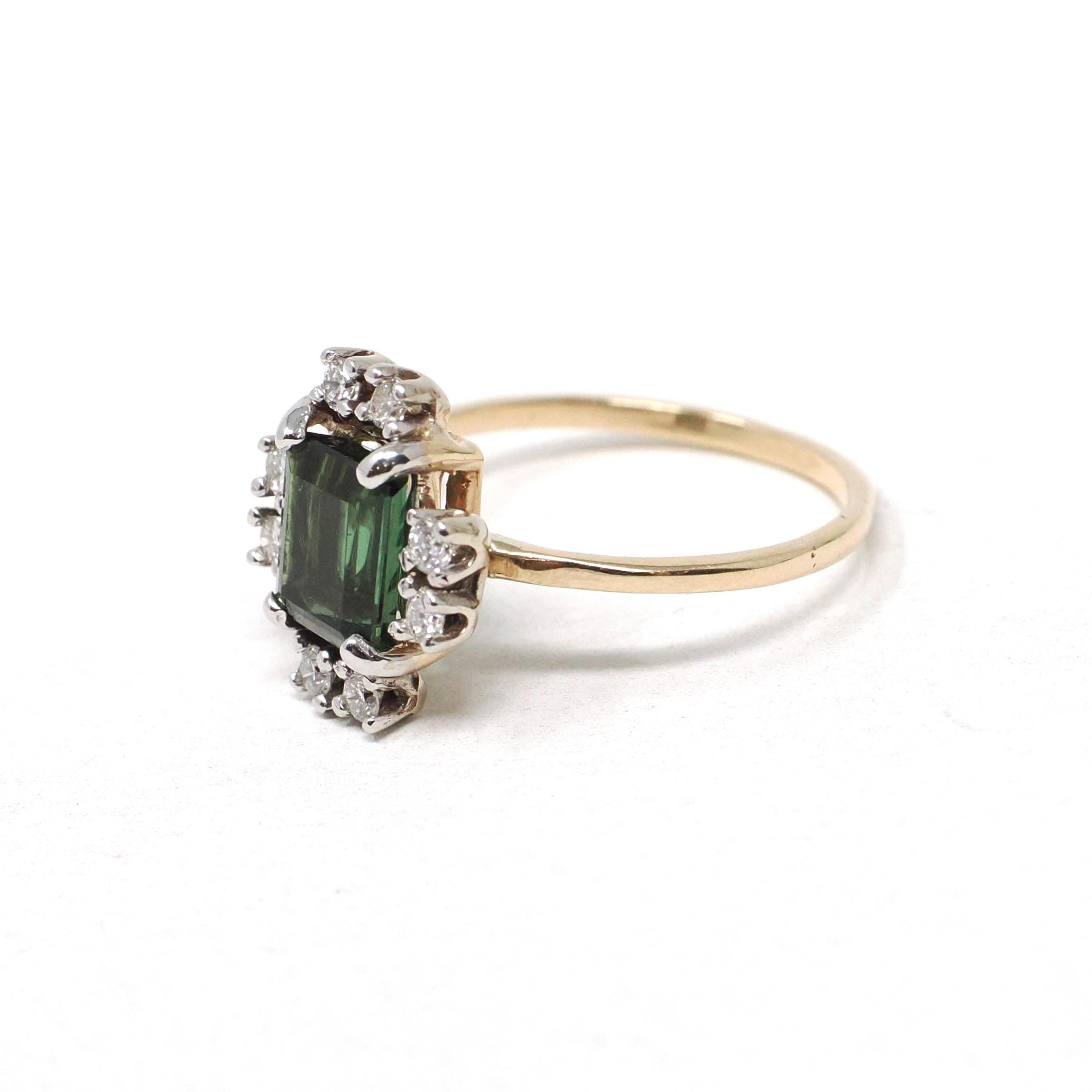 Tourmaline & Diamond Ring - Modern Era 14k Yellow Gold Natural Emerald Cut Green Gem - Estate Size 5 Alternative Engagement Fine Jewelry