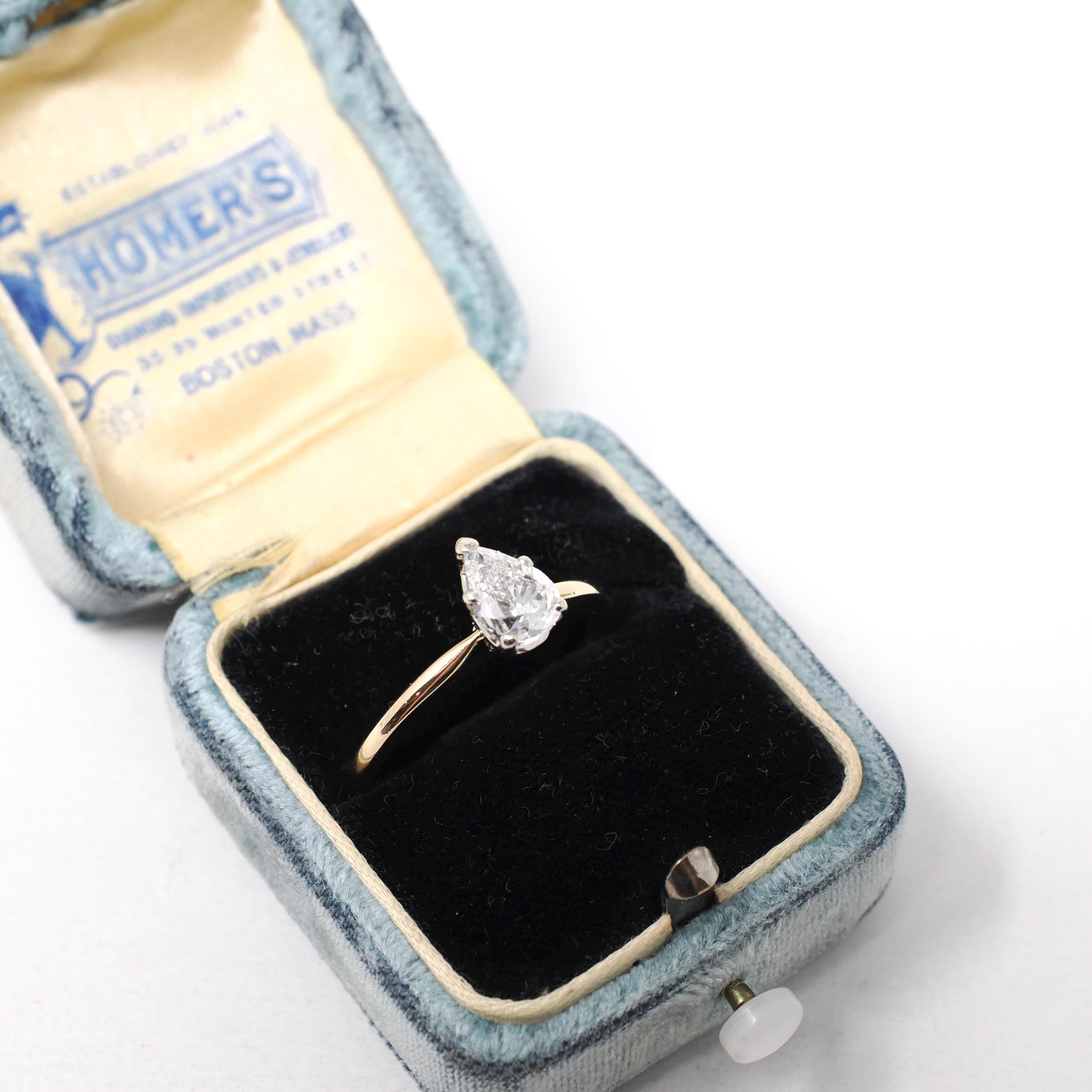 Diamond Engagement Ring - Estate 14k Yellow & White Gold 1.06 CT Pear Brilliant Cut Solitaire - Modern Size 8.5 Fine Two Tone Bridal Jewelry