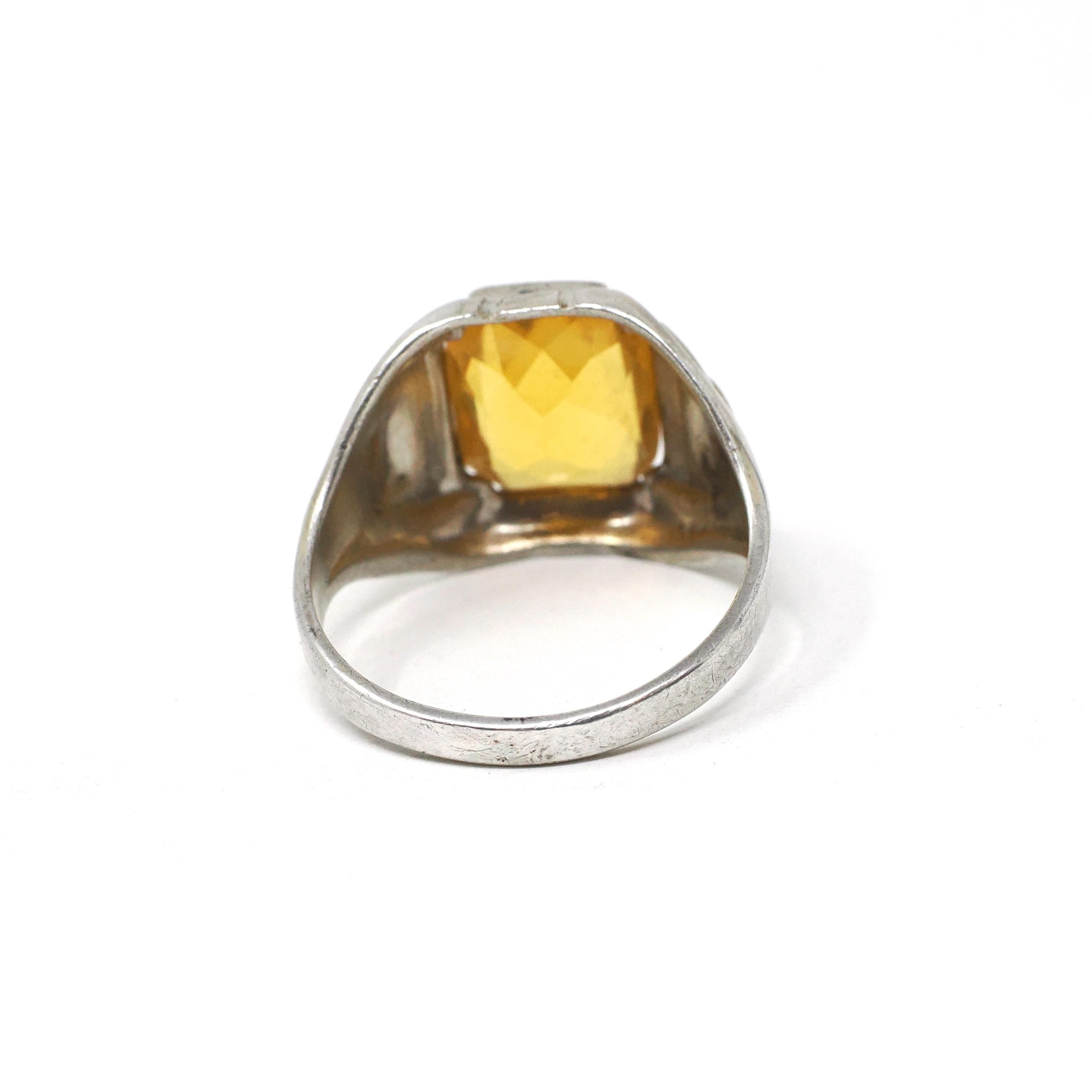 Simulated Yellow Sapphire Ring - Mid Century Sterling Silver Glass Stone Signet - Circa 1940s Era Size 10 1/4 Statement OB Fashion Jewelry