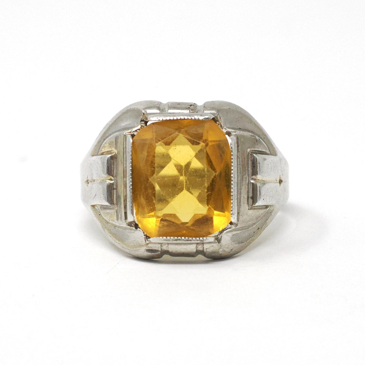 Simulated Yellow Sapphire Ring - Mid Century Sterling Silver Glass Stone Signet - Circa 1940s Era Size 10 1/4 Statement OB Fashion Jewelry