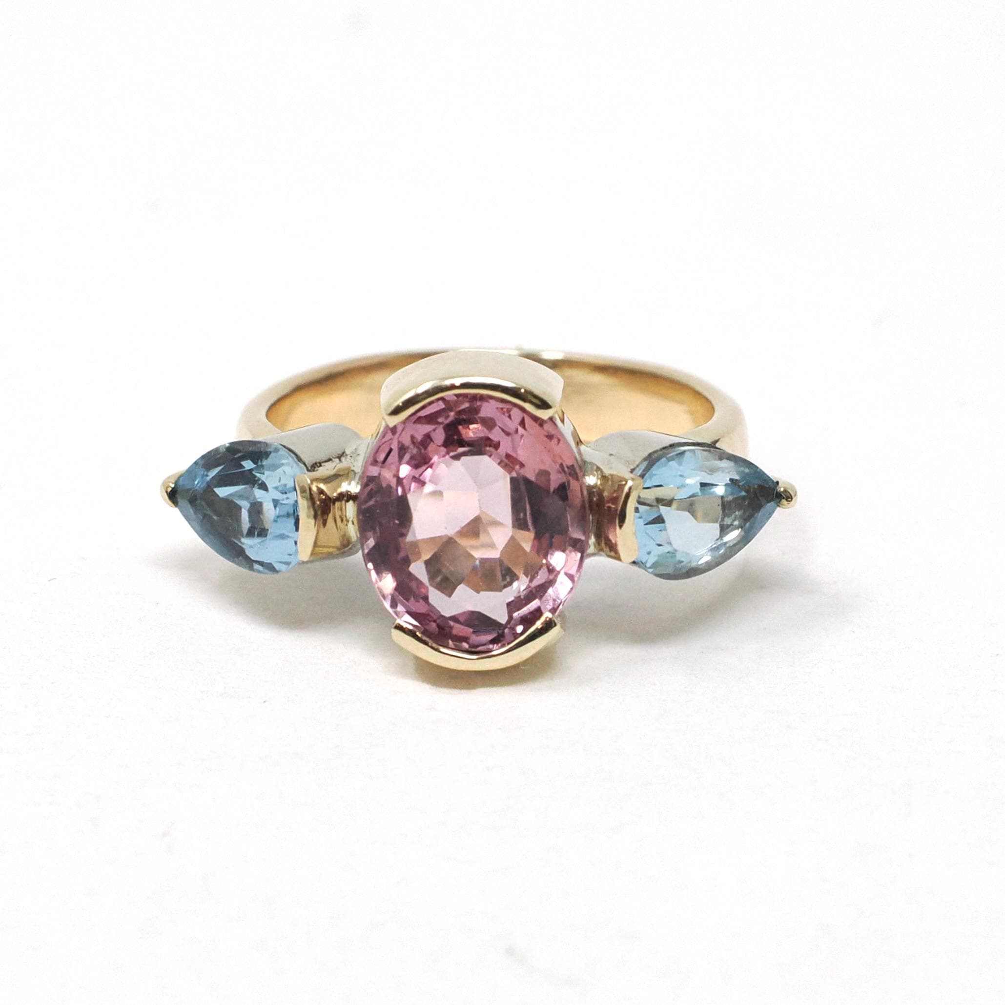 Pink Spinel & Aquamarine Ring - Estate 14k Yellow Gold Gemstone Band - Modern Circa 2000's Era Size 6 1/2 Three Stone Fine Statement Jewelry