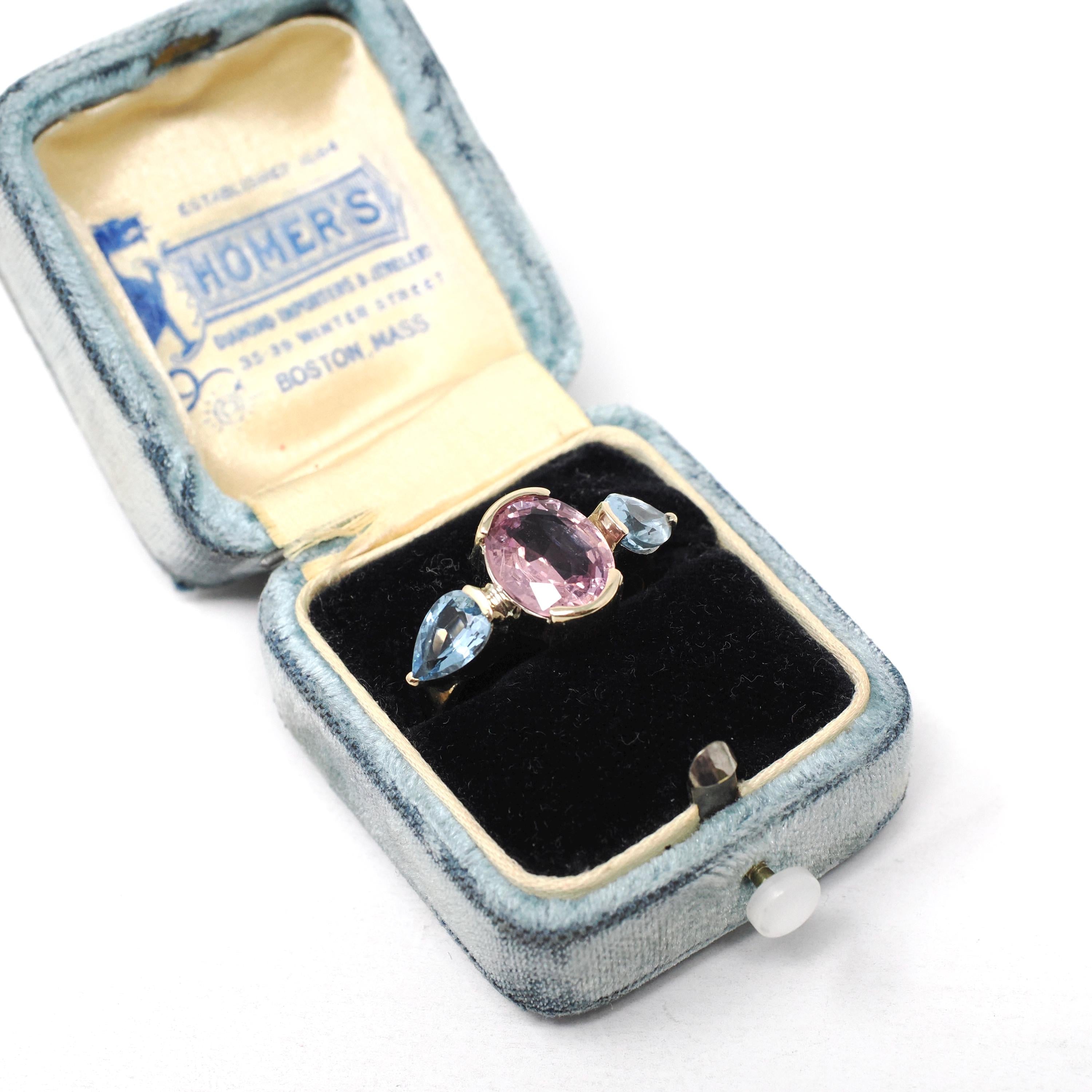 Pink Spinel & Aquamarine Ring - Estate 14k Yellow Gold Gemstone Band - Modern Circa 2000's Era Size 6 1/2 Three Stone Fine Statement Jewelry