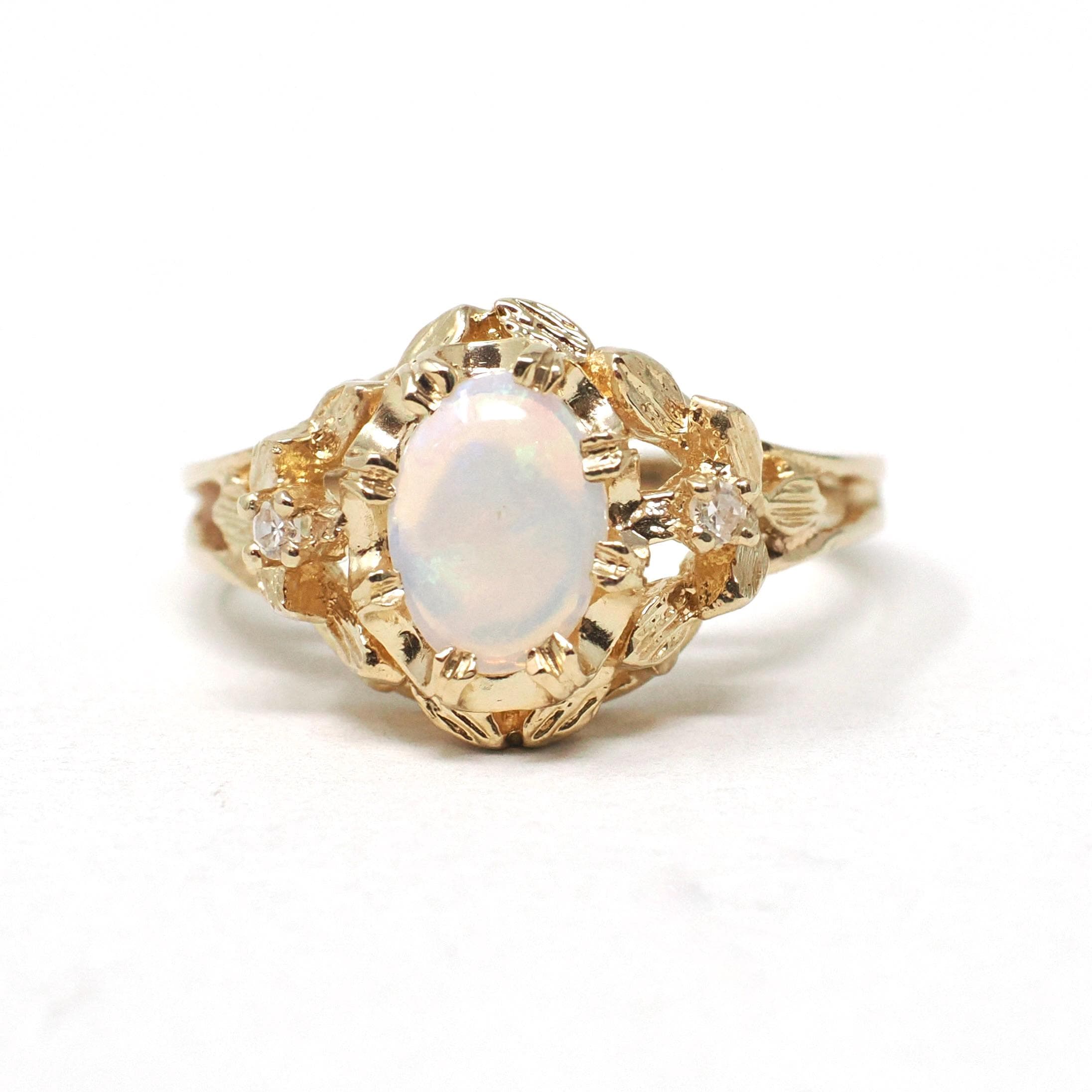 Opal & Diamond Ring - Modern 14k Yellow Gold Leaf Detail Oval Cabochon Gemstone - Estate Circa 1980s Era Size 7 1/2 Fine Statement Jewelry