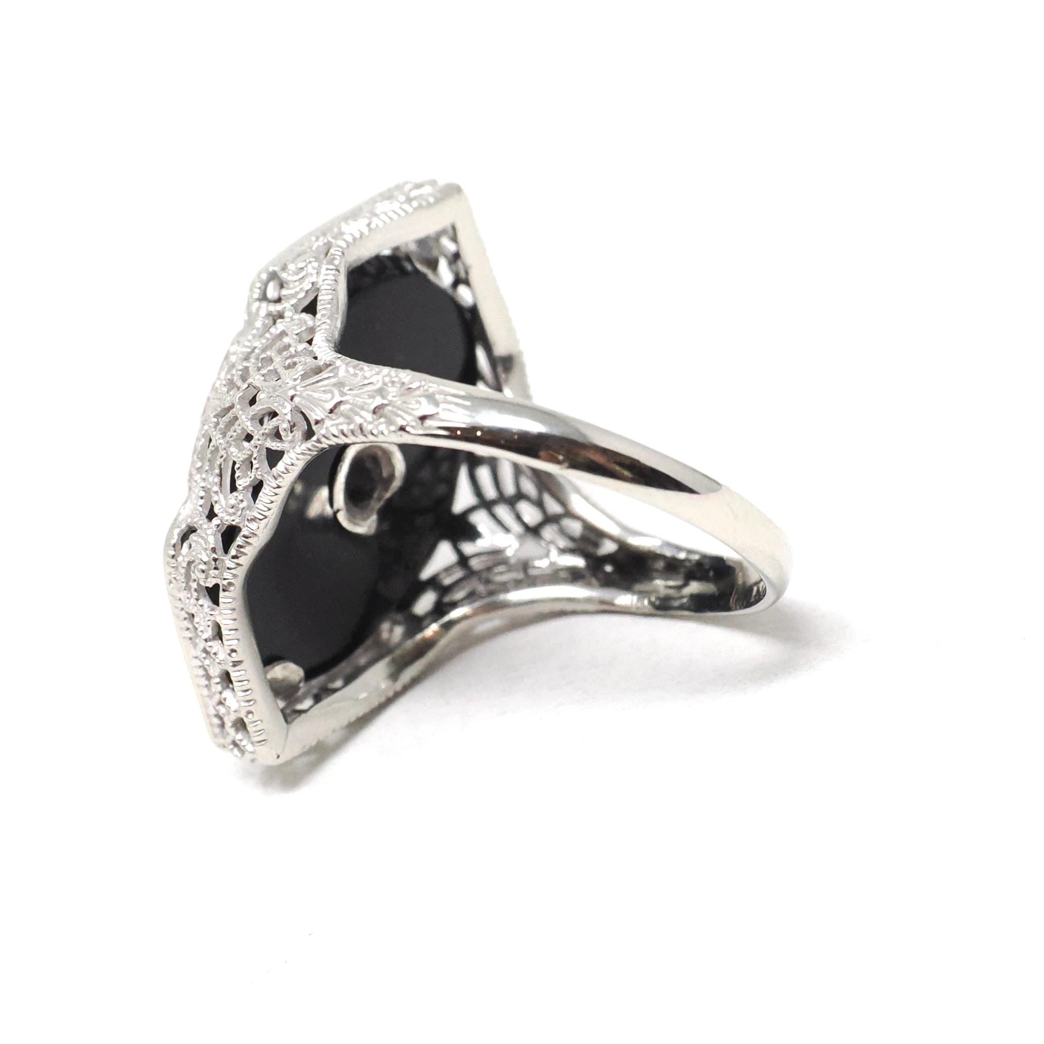 Onyx Filigree Ring - Art Deco Era 14k White Gold Black Chalcedony Navette - Antique Circa 1920s Era Size 6 1/4 Diamond Accent Fine Jewelry