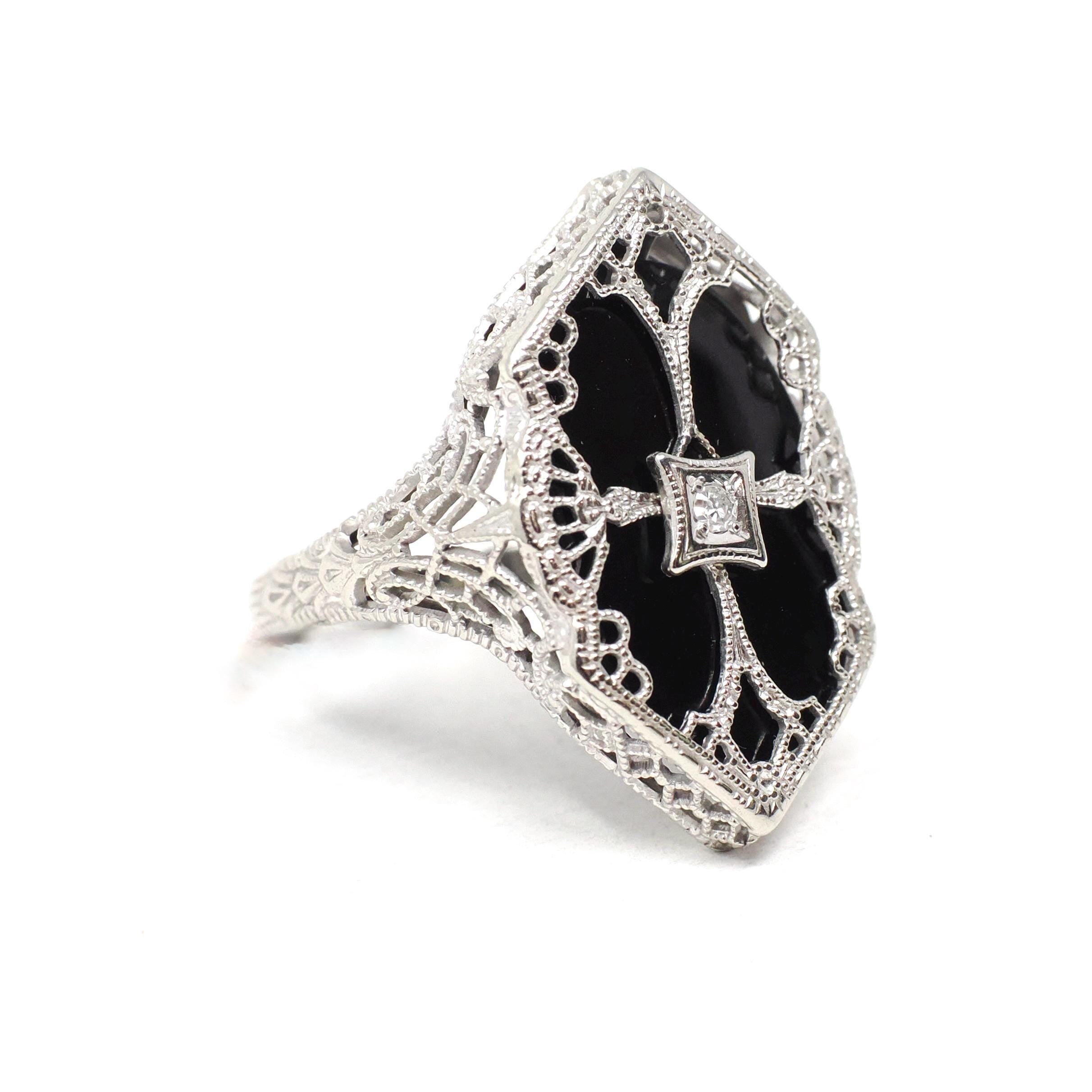 Onyx Filigree Ring - Art Deco Era 14k White Gold Black Chalcedony Navette - Antique Circa 1920s Era Size 6 1/4 Diamond Accent Fine Jewelry