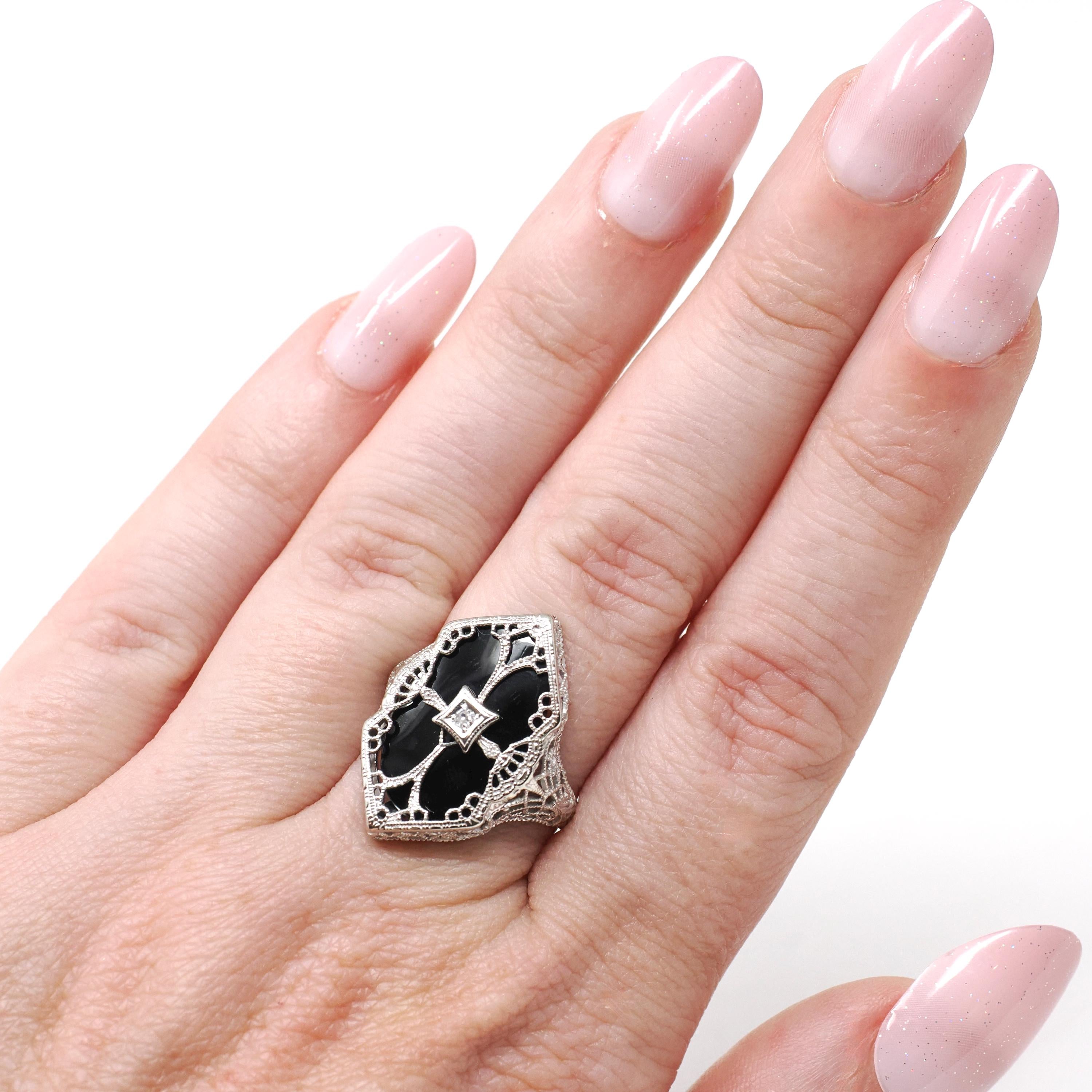 Onyx Filigree Ring - Art Deco Era 14k White Gold Black Chalcedony Navette - Antique Circa 1920s Era Size 6 1/4 Diamond Accent Fine Jewelry