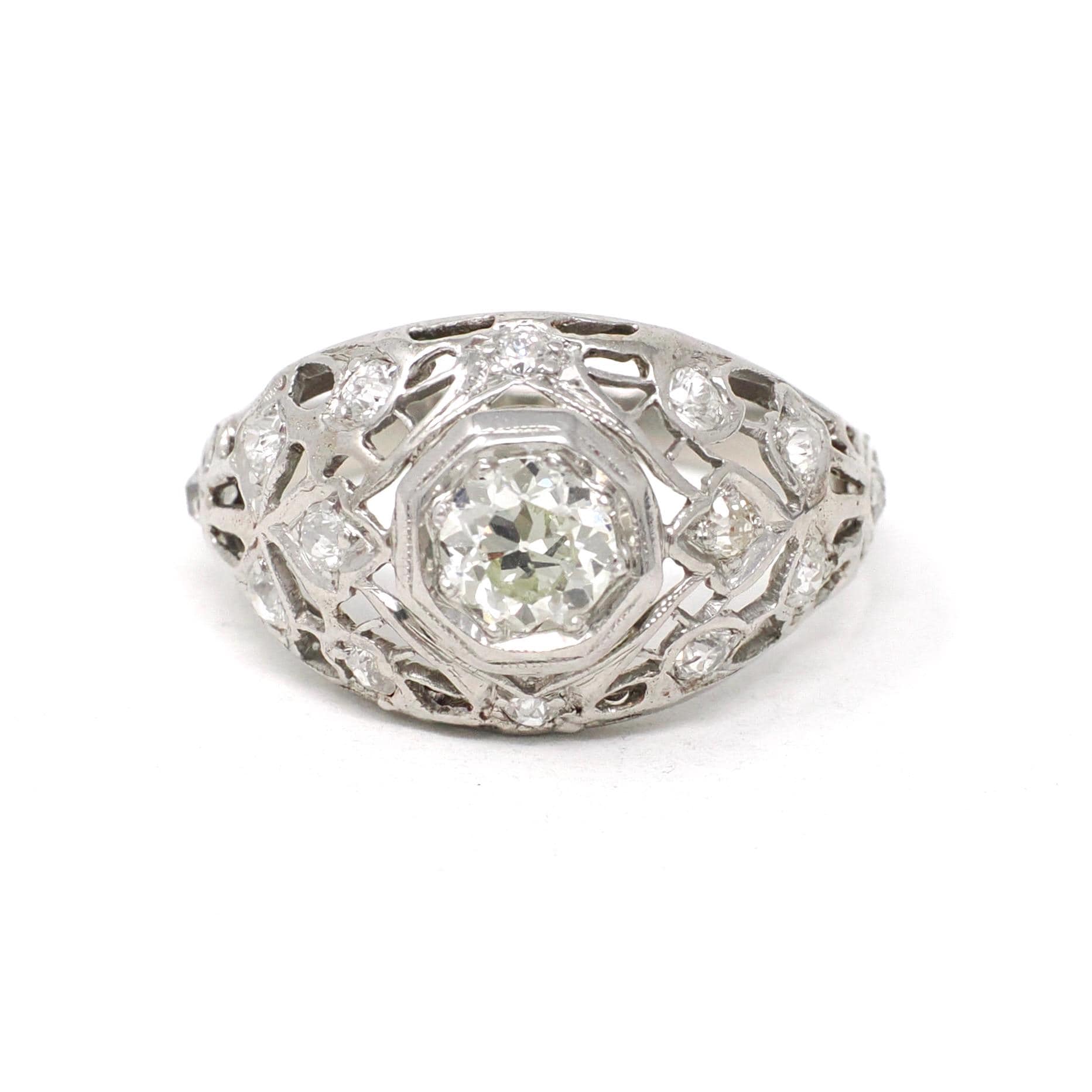 Antique Engagement Ring - Platinum .79 CTW Natural Diamond Anniversary Filigree Band - Circa 1910s Size 5.5 Octagonal Setting Fine Jewelry