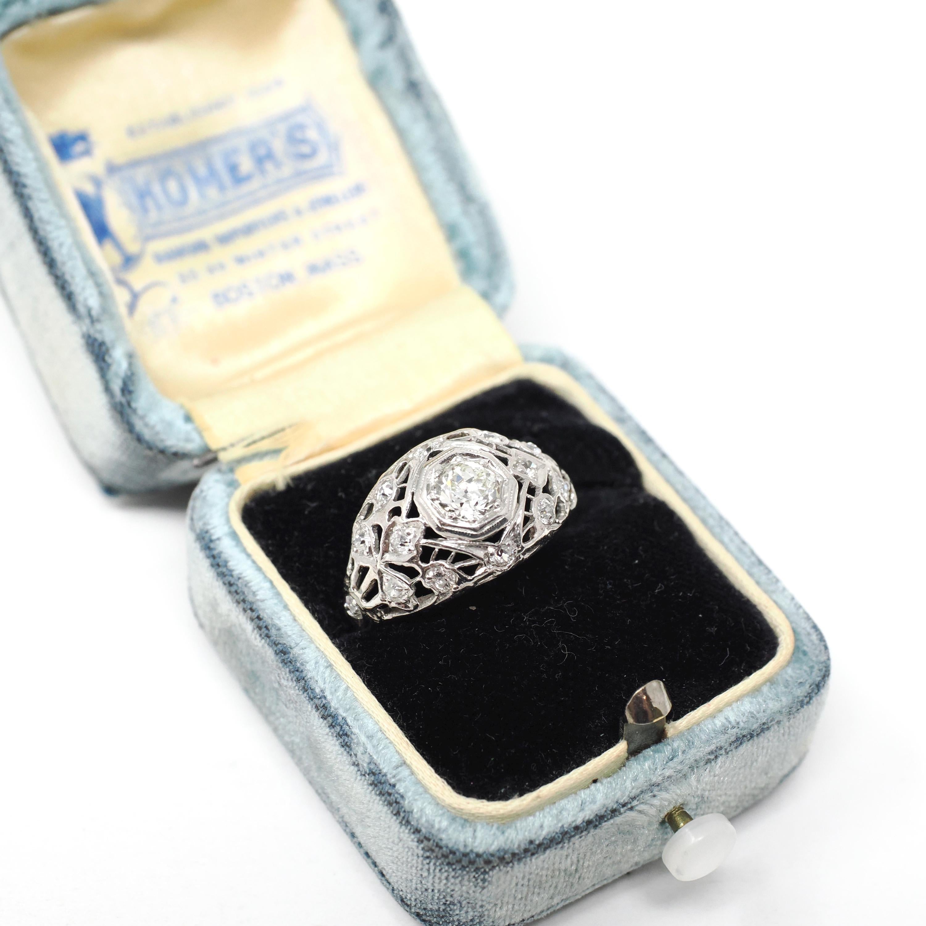 Antique Engagement Ring - Platinum .79 CTW Natural Diamond Anniversary Filigree Band - Circa 1910s Size 5.5 Octagonal Setting Fine Jewelry