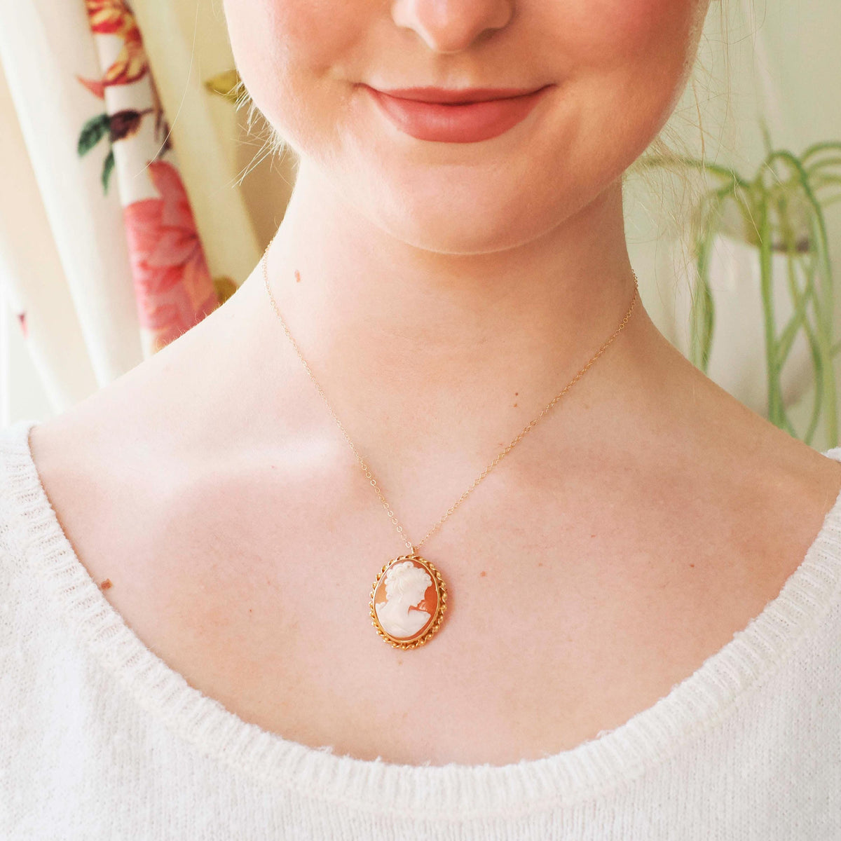 Vintage Cameo Necklace - Mid Century 14k Yellow Gold Carved Shell Woman's Profile Pendant Charm - Circa 1960s Era Statement Fine 60s Jewelry
