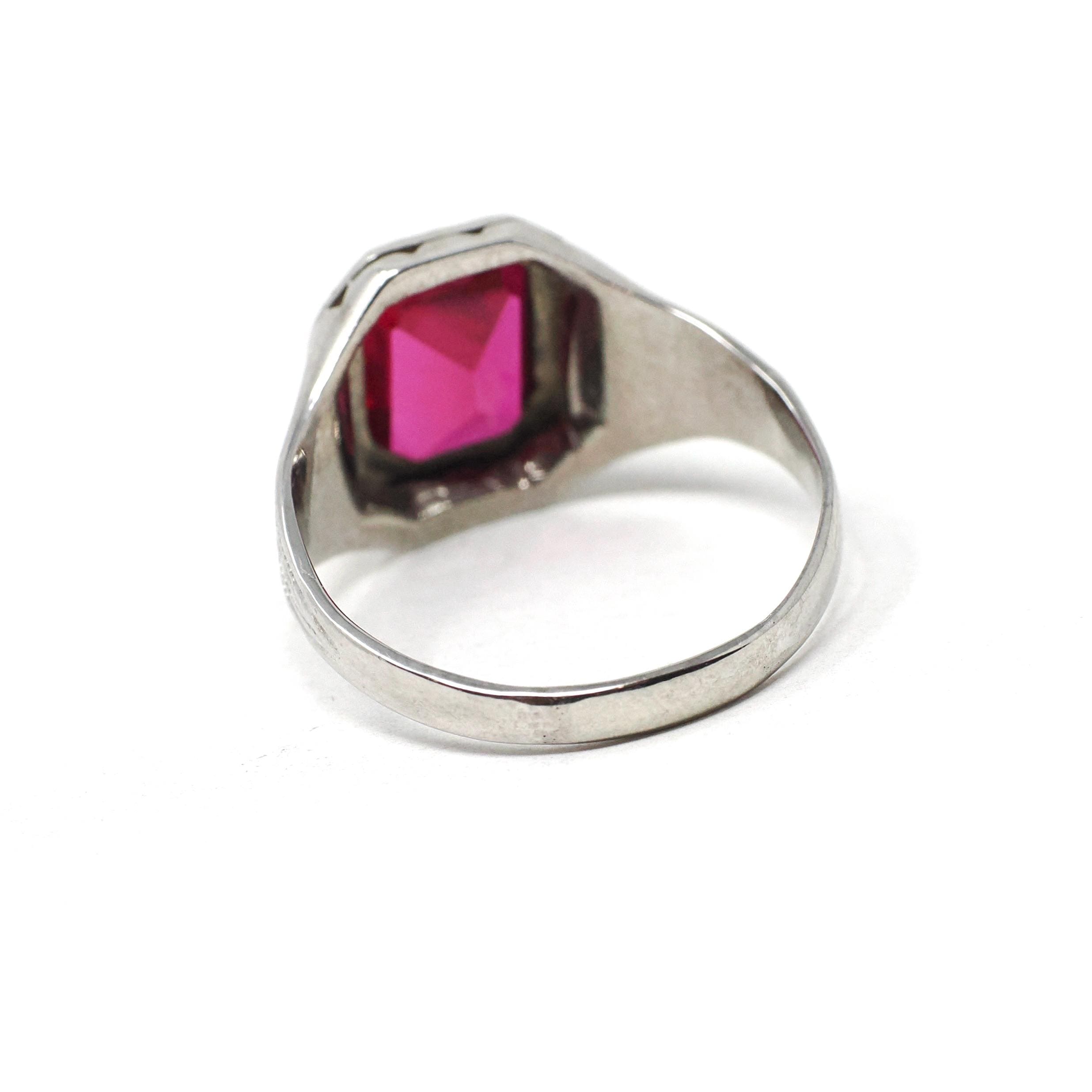 Art Deco Ring - Vintage 10k White Gold Bezel Set Created Red Ruby Gemstone - Circa 1930s Size 5 3/4 July Birthstone Fine Statement Jewelry