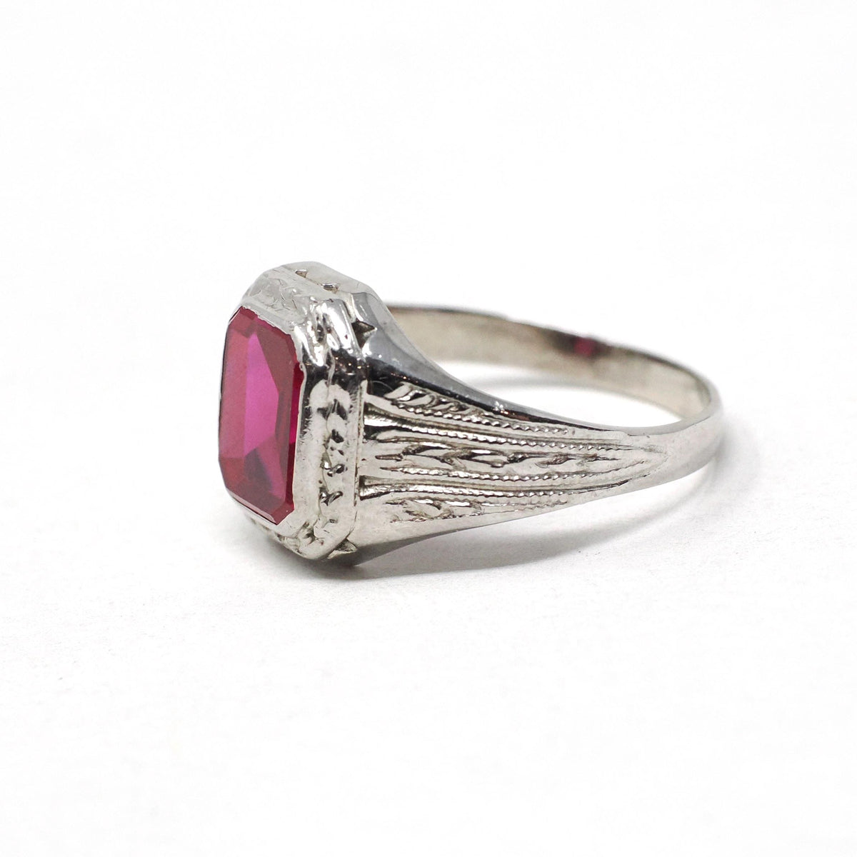 Art Deco Ring - Vintage 10k White Gold Bezel Set Created Red Ruby Gemstone - Circa 1930s Size 5 3/4 July Birthstone Fine Statement Jewelry