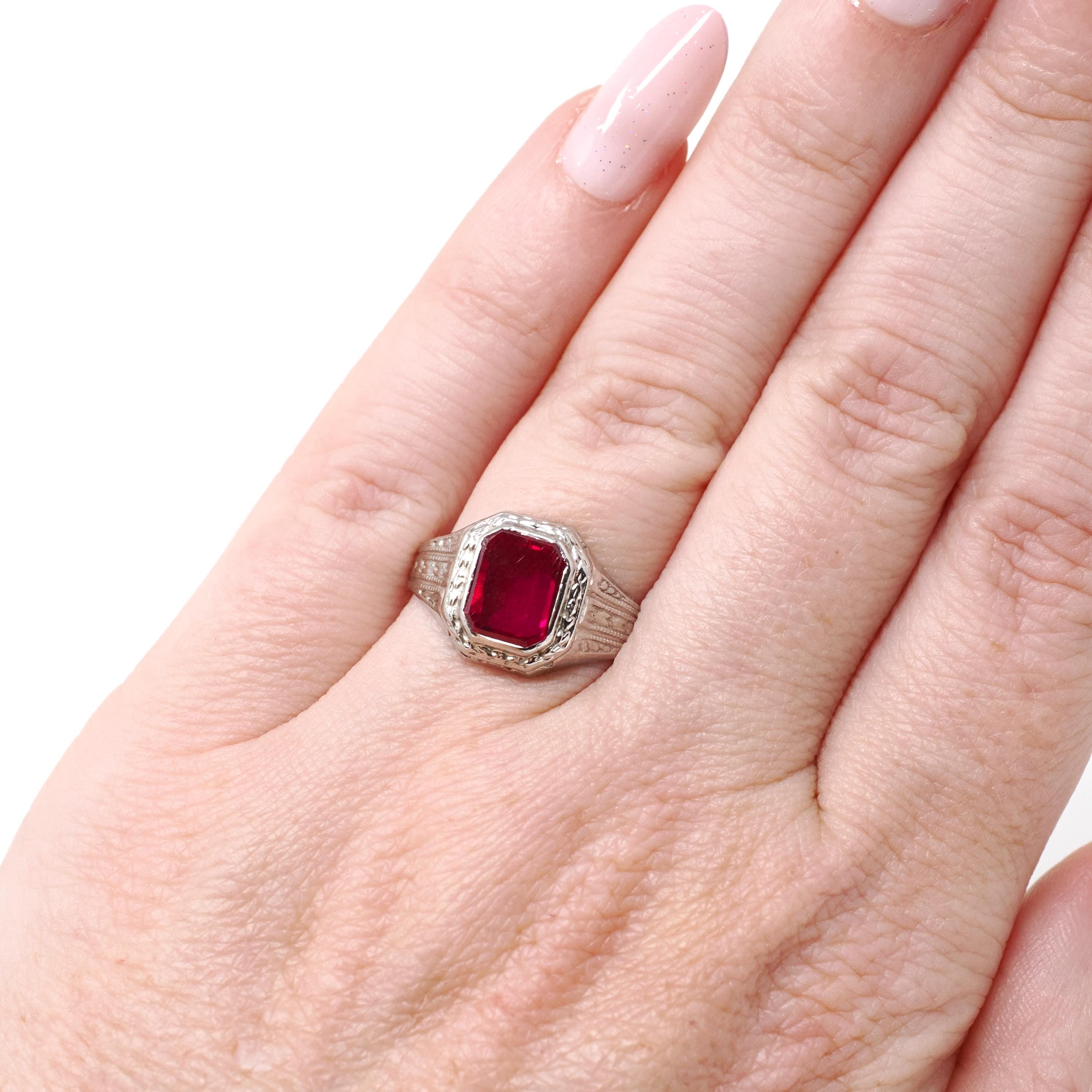 Art Deco Ring - Vintage 10k White Gold Bezel Set Created Red Ruby Gemstone - Circa 1930s Size 5 3/4 July Birthstone Fine Statement Jewelry