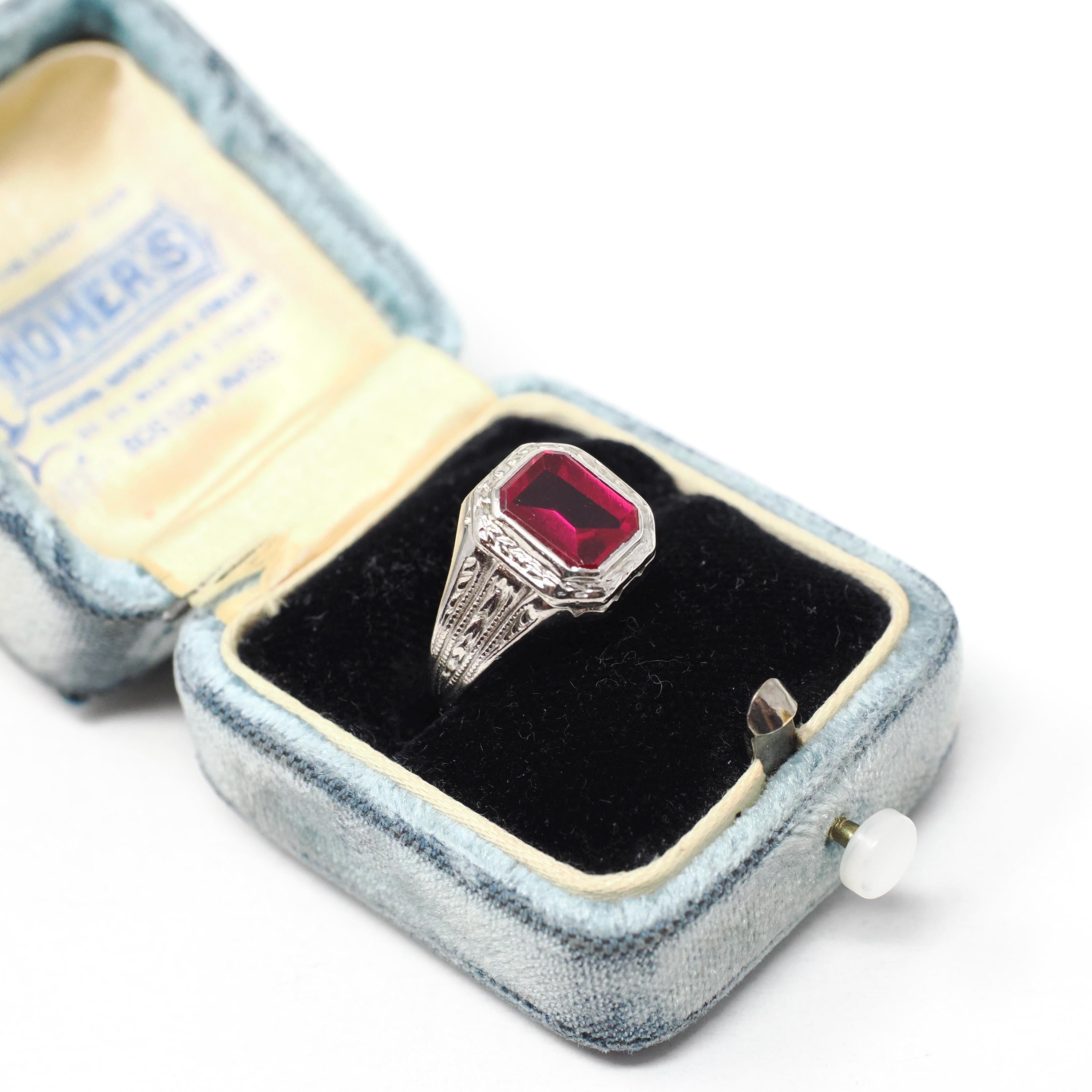 Art Deco Ring - Vintage 10k White Gold Bezel Set Created Red Ruby Gemstone - Circa 1930s Size 5 3/4 July Birthstone Fine Statement Jewelry