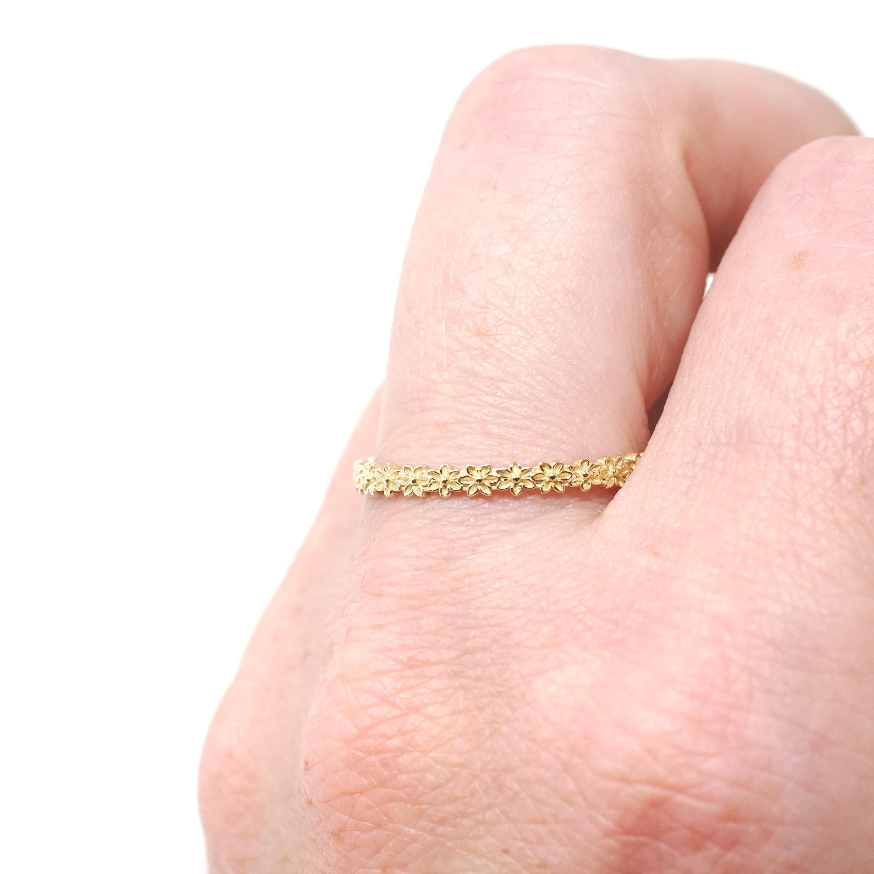 Eternity Flower Band - Estate 14k Yellow Gold Floral 2.3 MM Stacking Wedding Ring - Modern Era Size 8.75 Nature Inspired Dainty Fine Jewelry