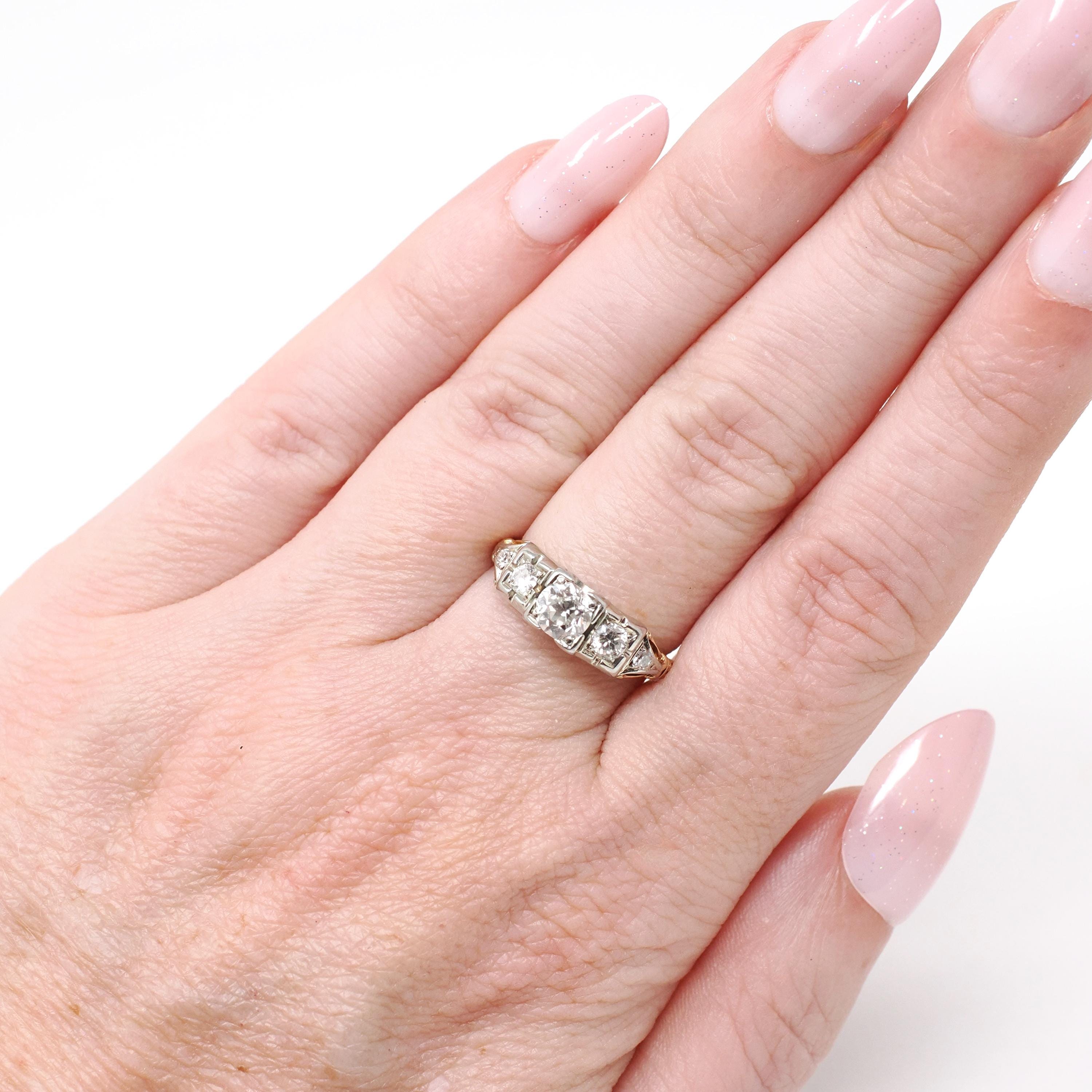Vintage Engagement Ring - Mid Century 14k Yellow & 18k White Gold Natural .69 CTW Diamonds - Circa 1940s Size 5.25 Bridal Fine Jewelry