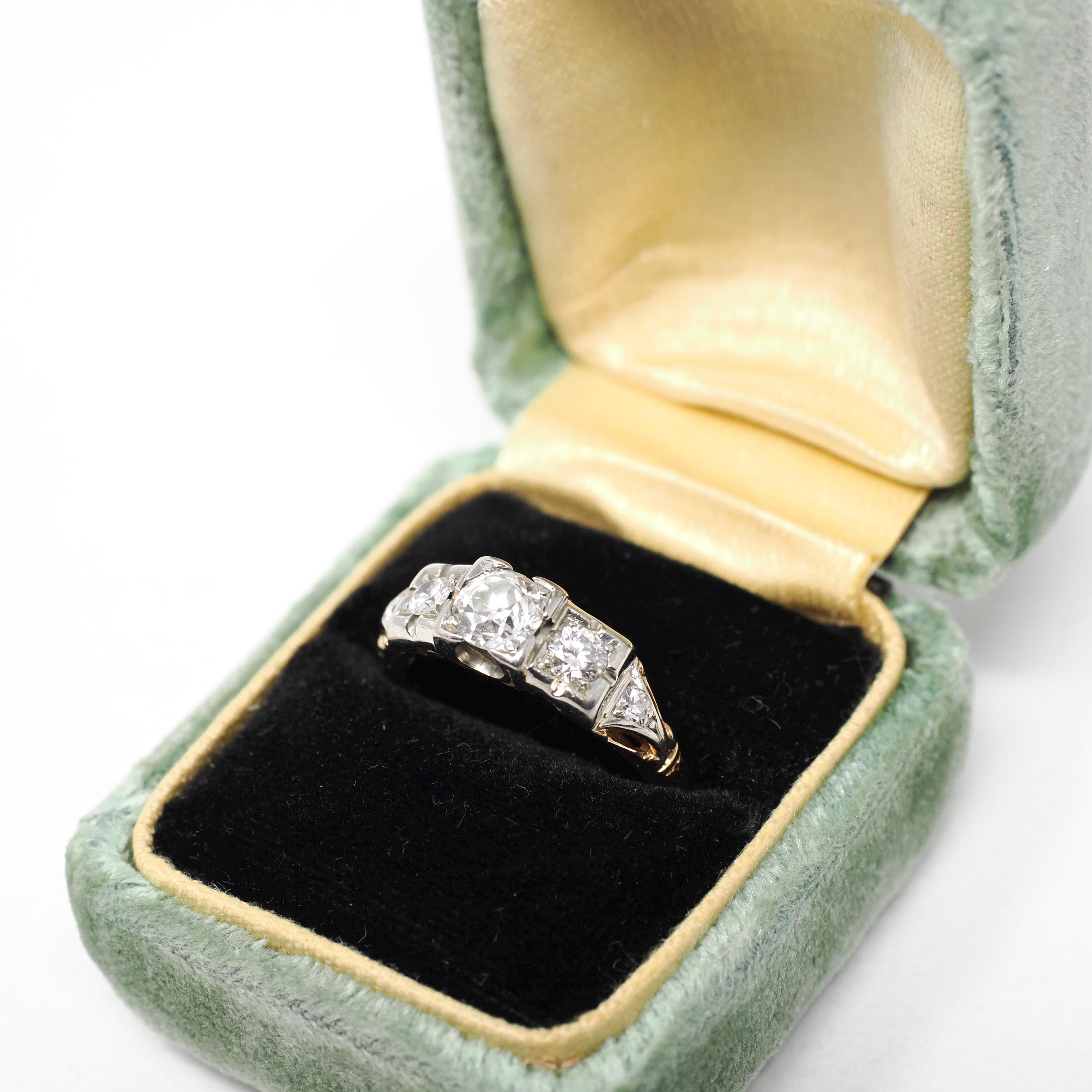 Vintage Engagement Ring - Mid Century 14k Yellow & 18k White Gold Natural .69 CTW Diamonds - Circa 1940s Size 5.25 Bridal Fine Jewelry