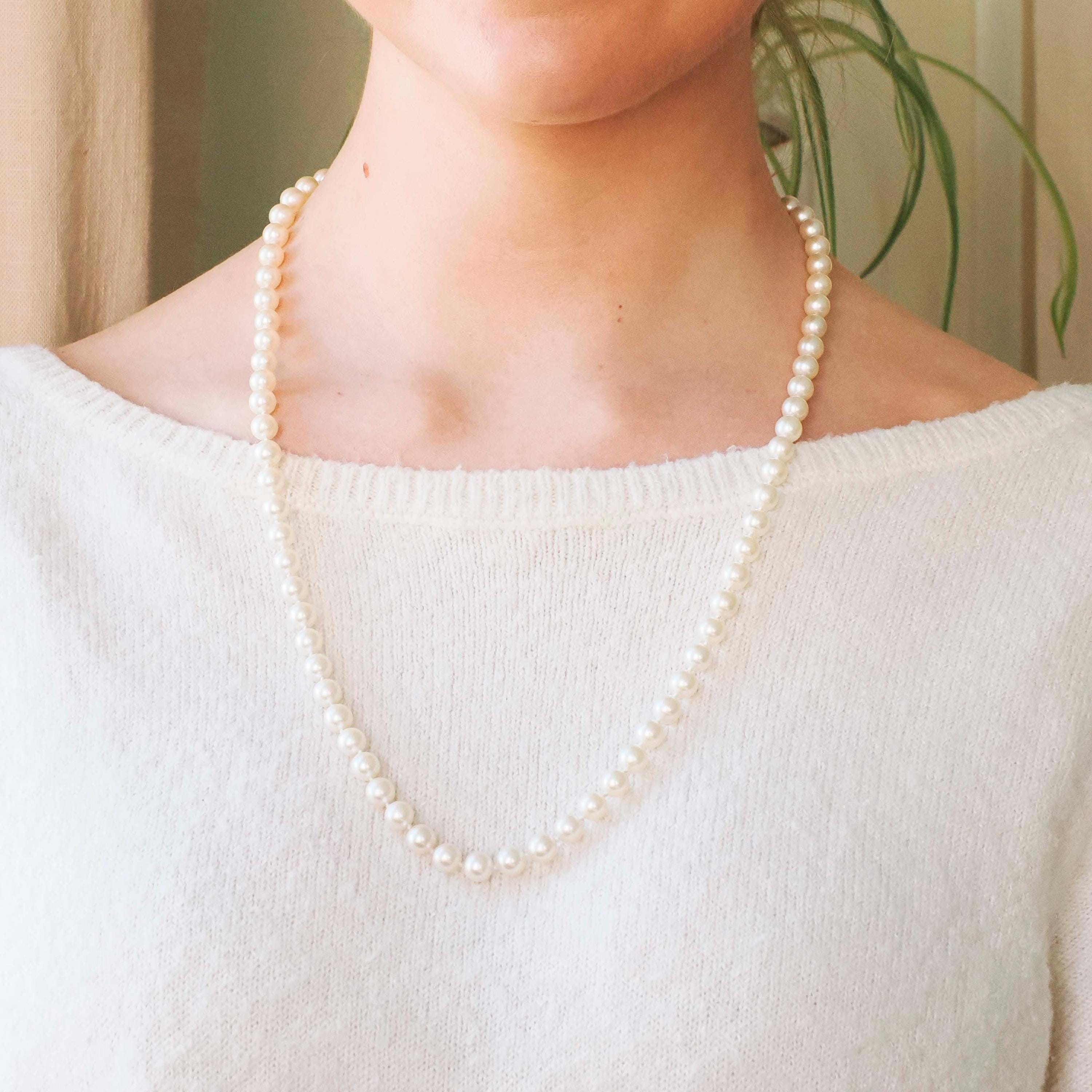Cultured Pearl Necklace - Vintage 14k White Gold Individually Knotted 7 MM Strand - Mid Century Era Circa 1960s Era Statement Fine Jewelry