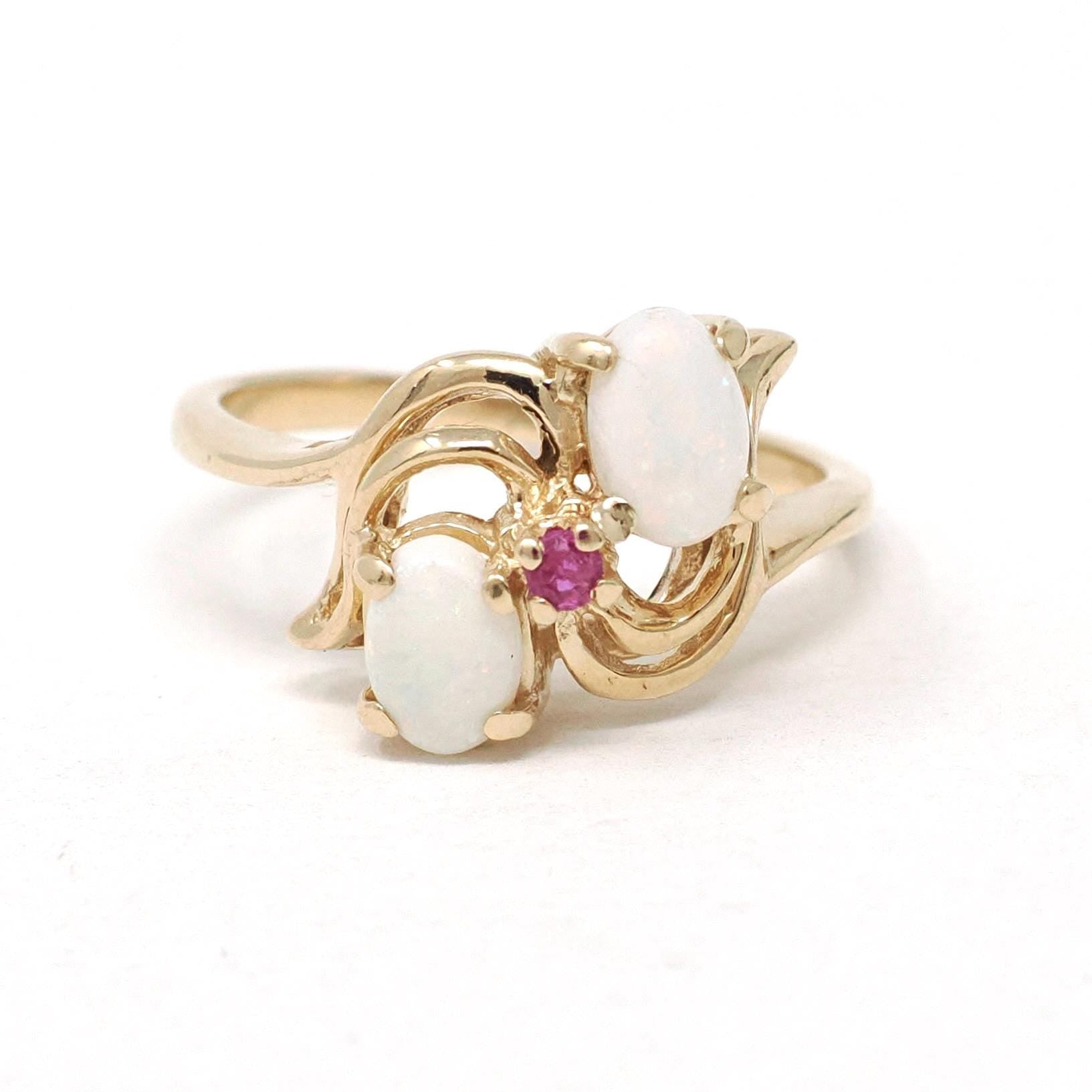 Opal & Ruby Ring - 14k Yellow Gold Natural Cabochon Cut Gemstone Band - Modern Estate Size 5 1/2 October Bypass Style Fine Statement Jewelry