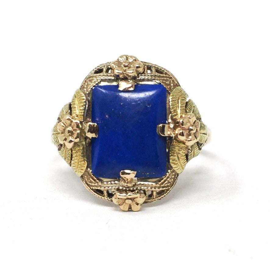 Lapis Lazuli Ring - Vintage 10k Two Tone Gold Dark Blue Cabochon Gemstone - Circa 1940s Era Size 6 1/4 Floral Details Fine Statement Jewelry