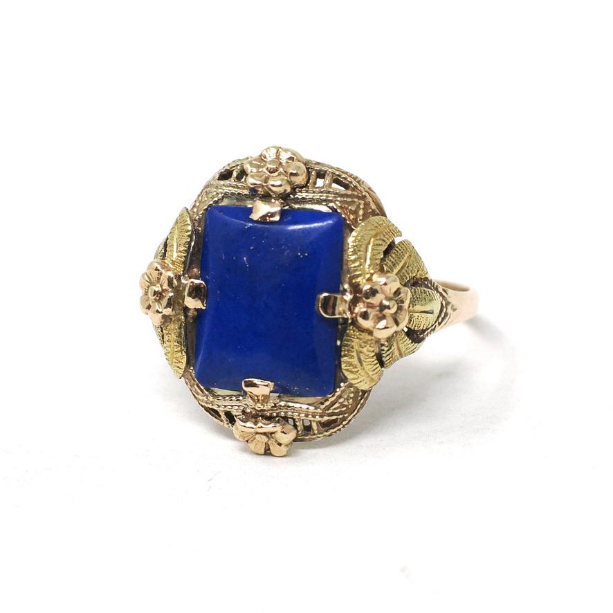 Lapis Lazuli Ring - Vintage 10k Two Tone Gold Dark Blue Cabochon Gemstone - Circa 1940s Era Size 6 1/4 Floral Details Fine Statement Jewelry