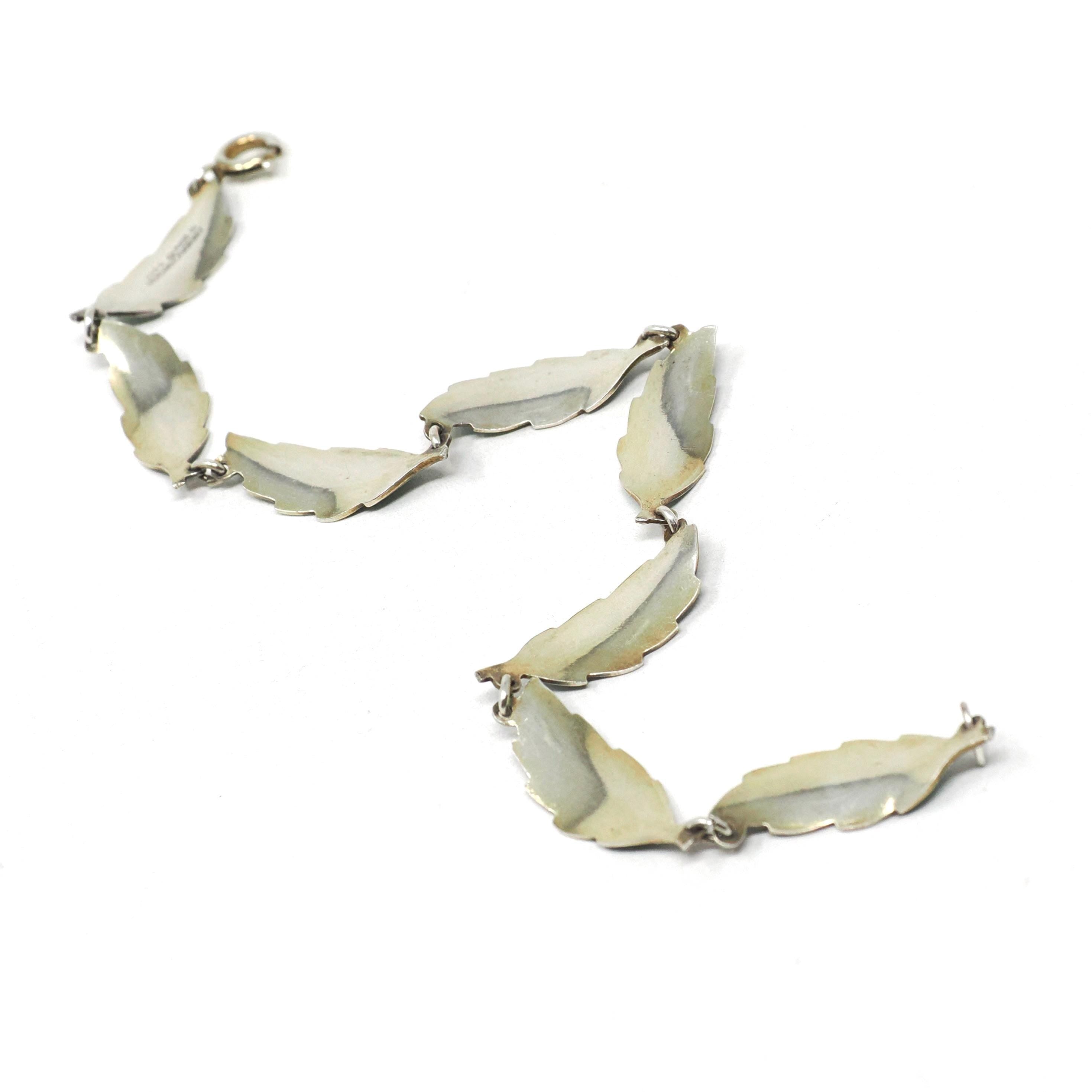 Enamel Leaf Bracelet - Vintage Mid Century Sterling Silver Green Panel Links - Circa 1960s Era Nature Inspired Norway Fine Flora Jewelry