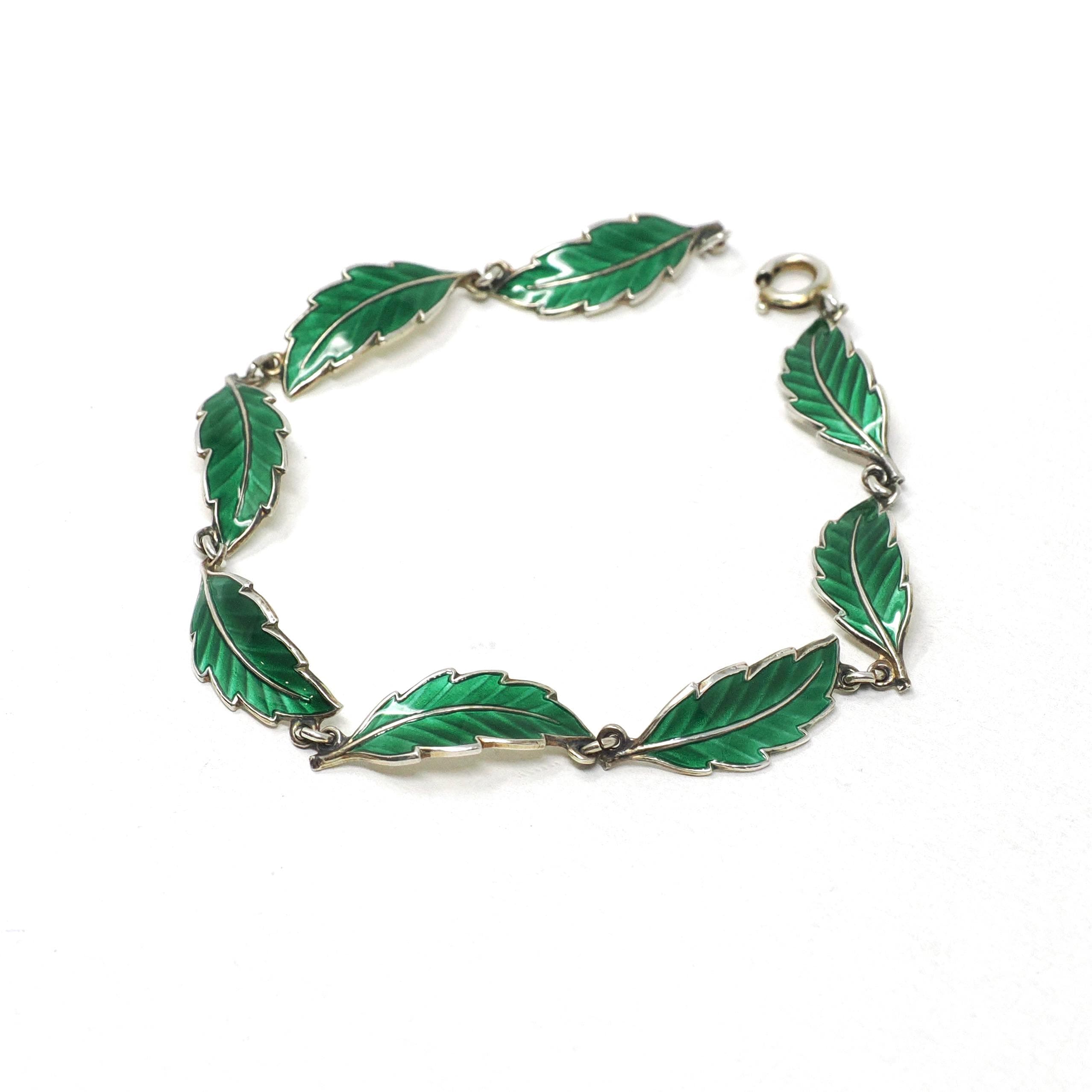 Enamel Leaf Bracelet - Vintage Mid Century Sterling Silver Green Panel Links - Circa 1960s Era Nature Inspired Norway Fine Flora Jewelry