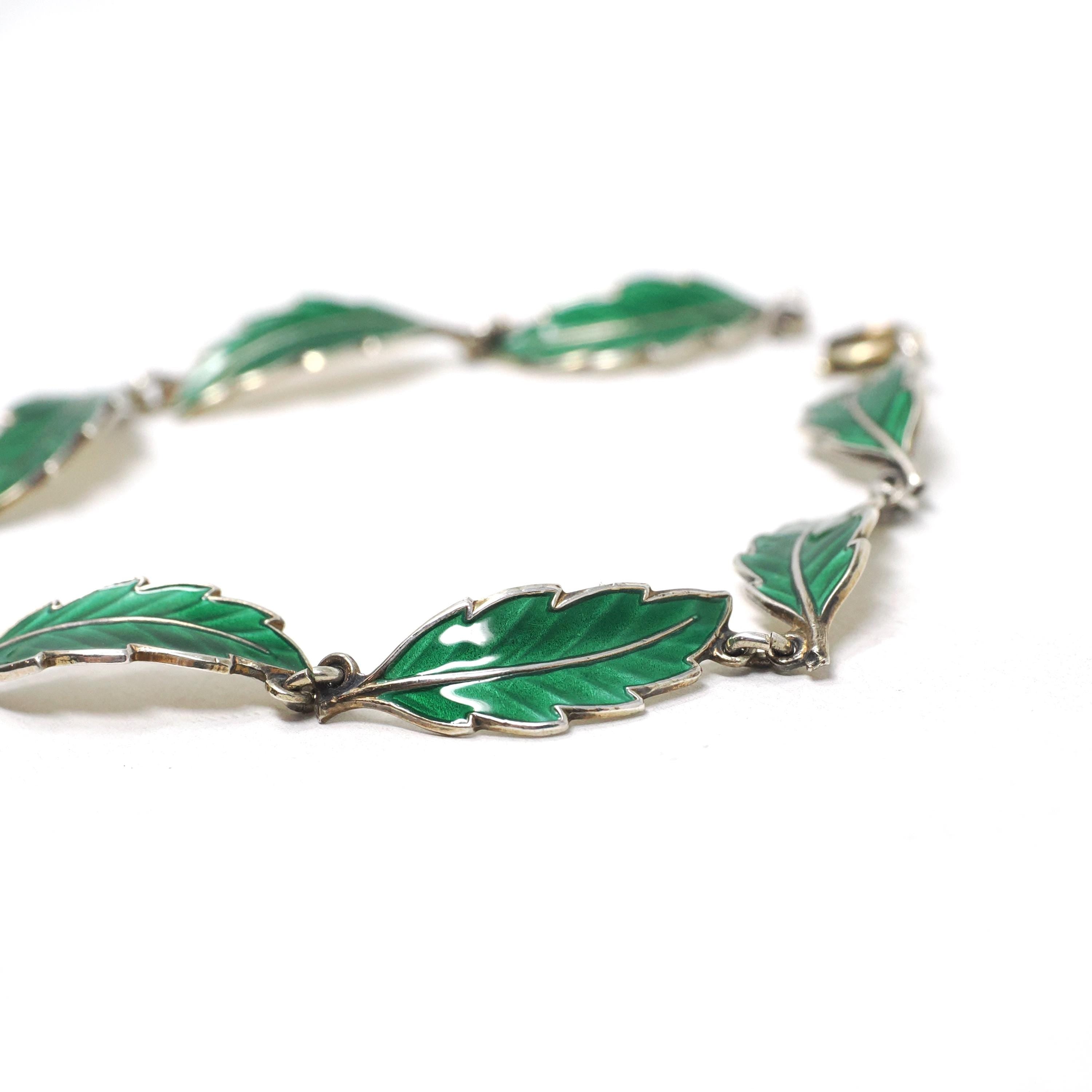 Enamel Leaf Bracelet - Vintage Mid Century Sterling Silver Green Panel Links - Circa 1960s Era Nature Inspired Norway Fine Flora Jewelry