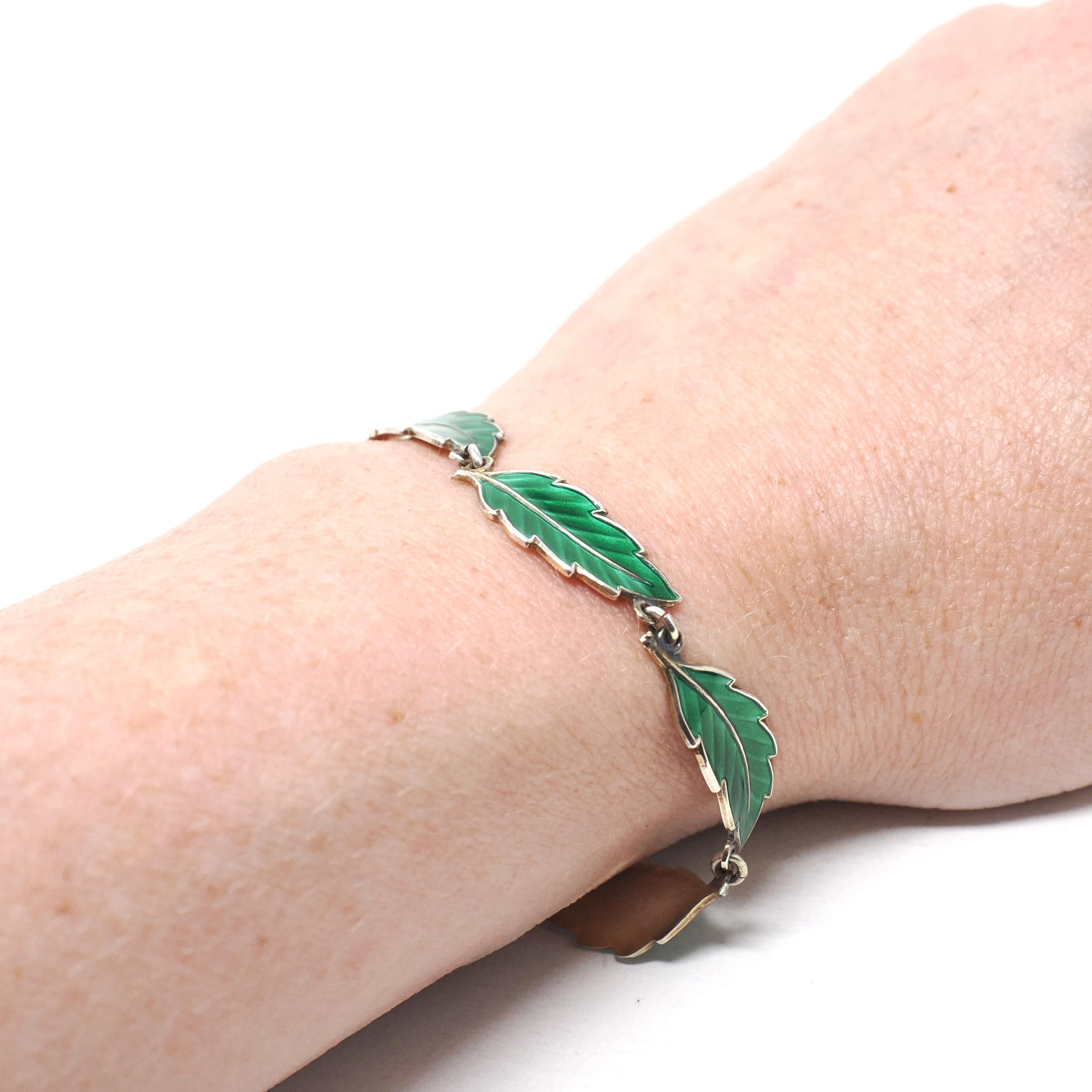 Enamel Leaf Bracelet - Vintage Mid Century Sterling Silver Green Panel Links - Circa 1960s Era Nature Inspired Norway Fine Flora Jewelry