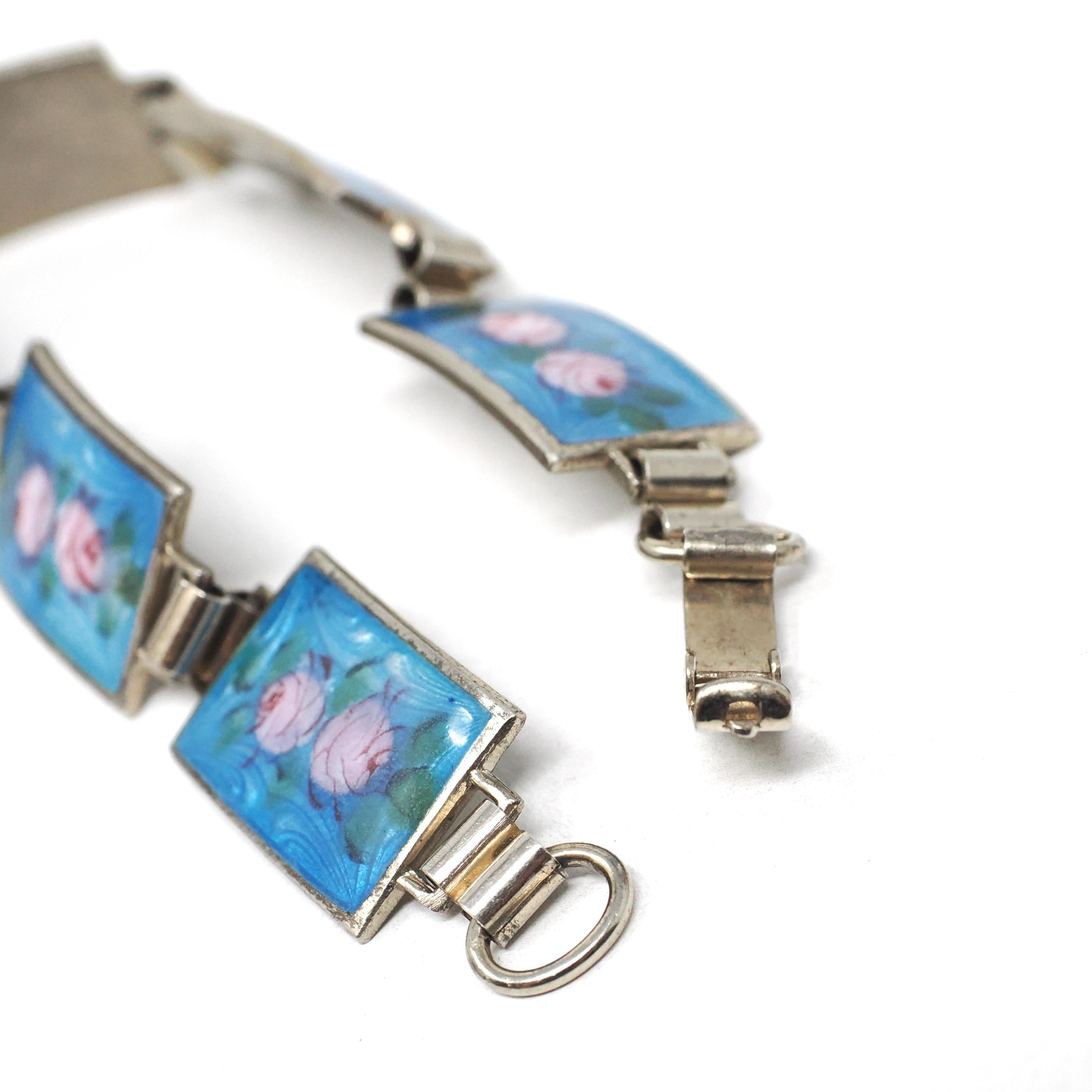 Art Deco Bracelet - Vintage Sterling Silver Blue Guilloché Enamel Pink Rose Baby Blue - Circa 1930s Era Panel Fashion Accessory 30s Jewelry