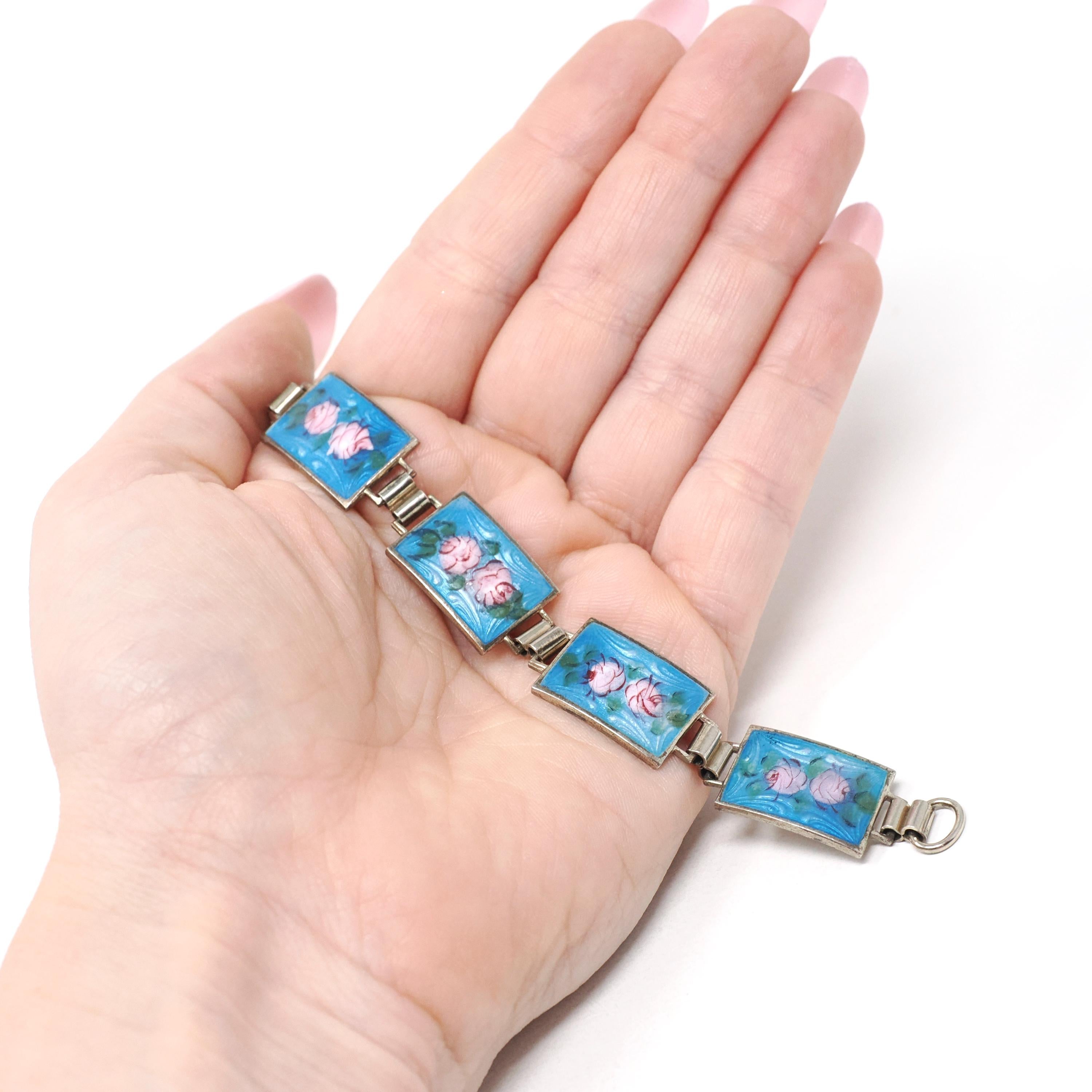 Art Deco Bracelet - Vintage Sterling Silver Blue Guilloché Enamel Pink Rose Baby Blue - Circa 1930s Era Panel Fashion Accessory 30s Jewelry
