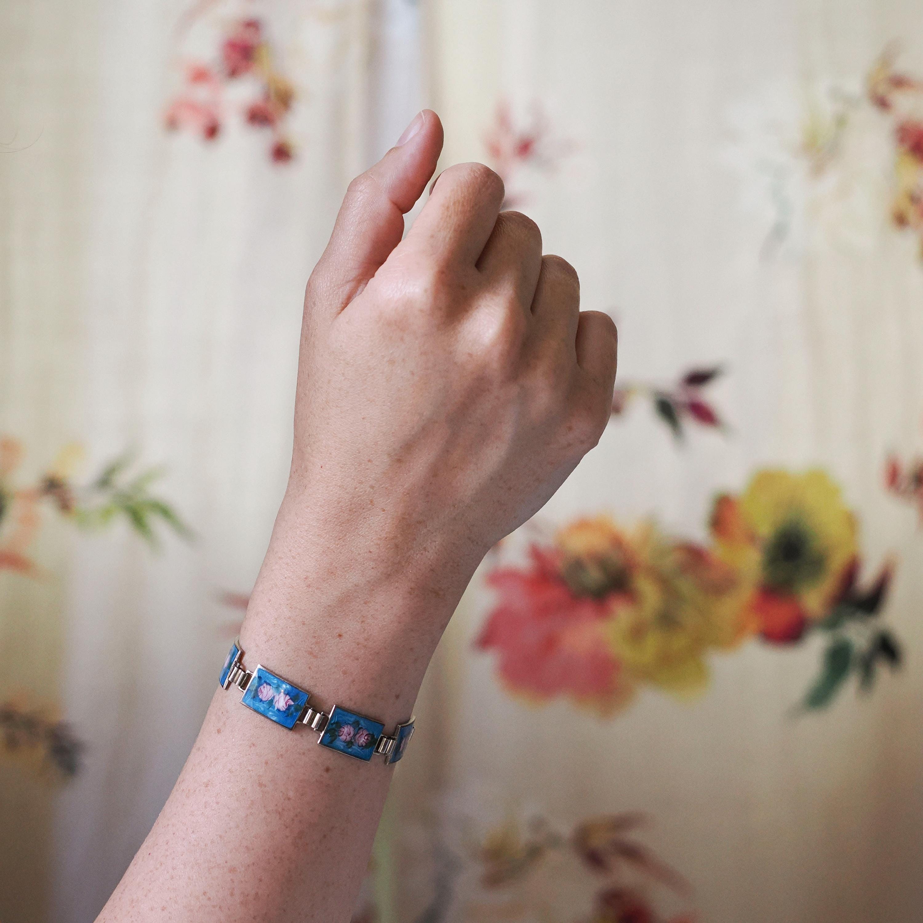 Art Deco Bracelet - Vintage Sterling Silver Blue Guilloché Enamel Pink Rose Baby Blue - Circa 1930s Era Panel Fashion Accessory 30s Jewelry