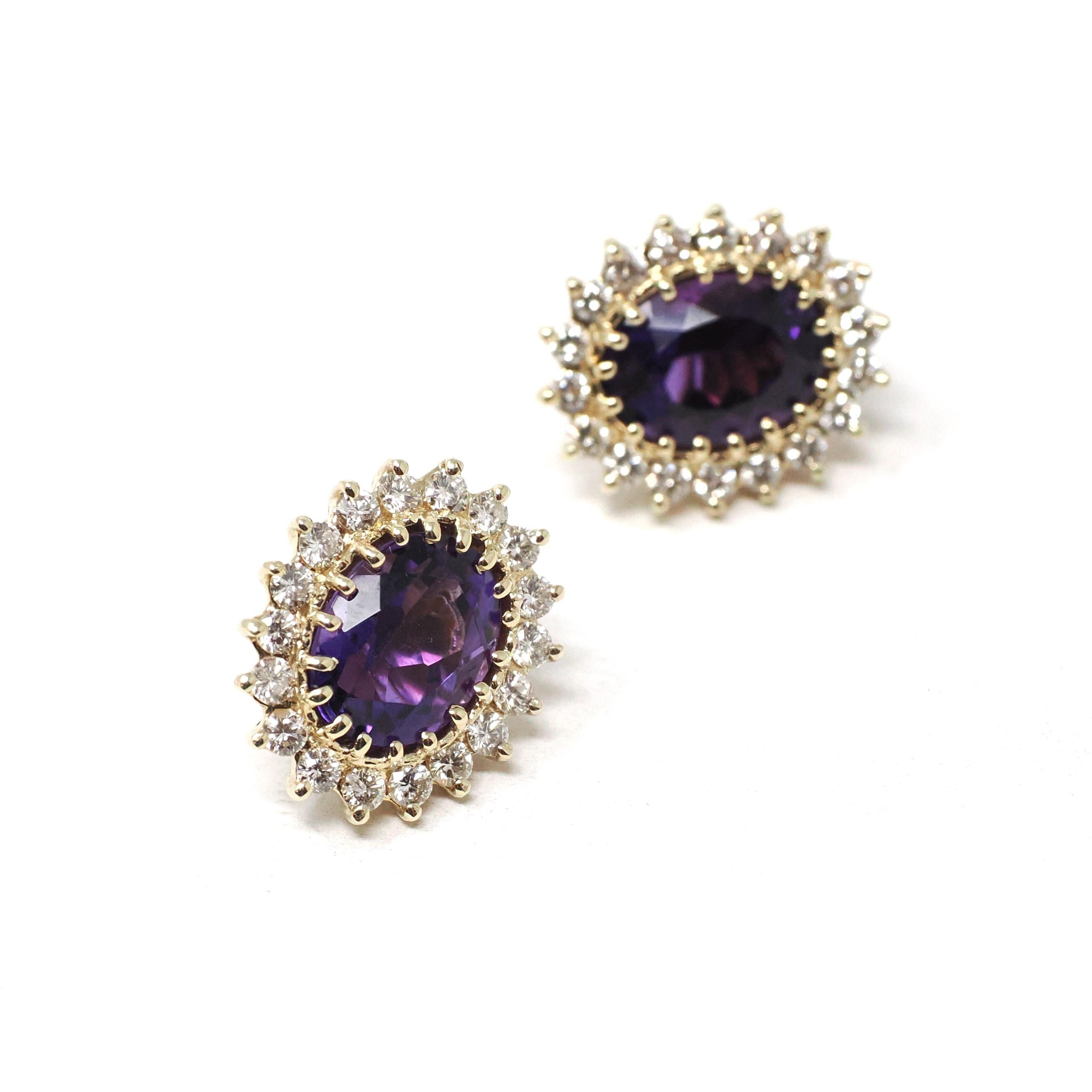 Amethyst & Diamond Halo Earrings - Modern 14k Yellow Gold Pierced Post Push Back Cluster Gem Studs - Estate Circa 2000's Era Purple Jewelry