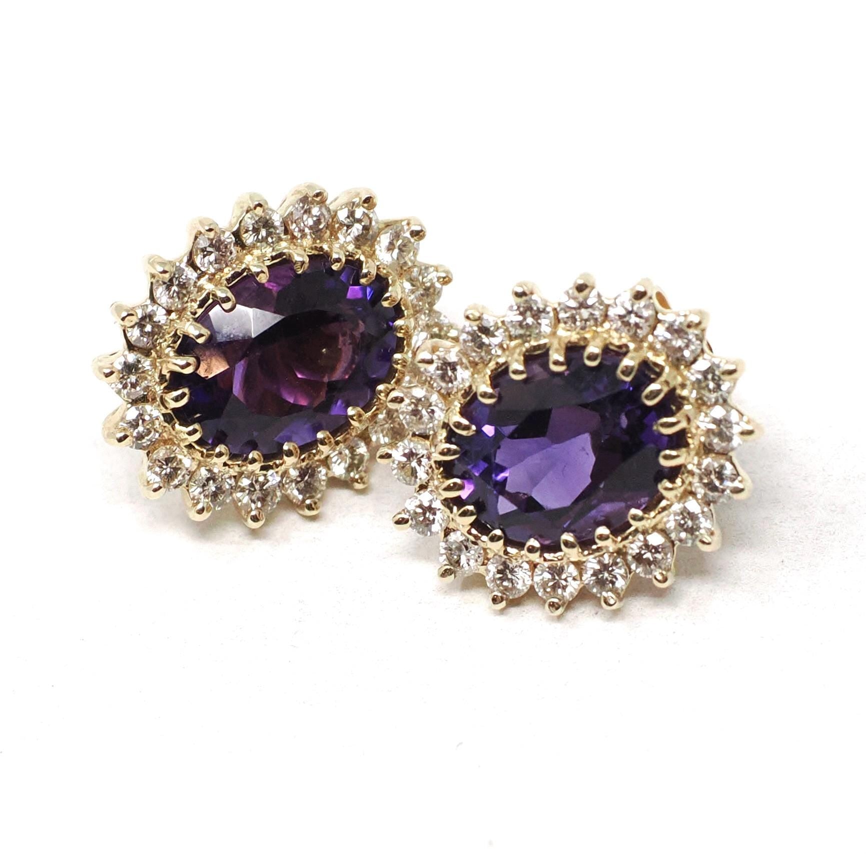 Amethyst & Diamond Halo Earrings - Modern 14k Yellow Gold Pierced Post Push Back Cluster Gem Studs - Estate Circa 2000's Era Purple Jewelry