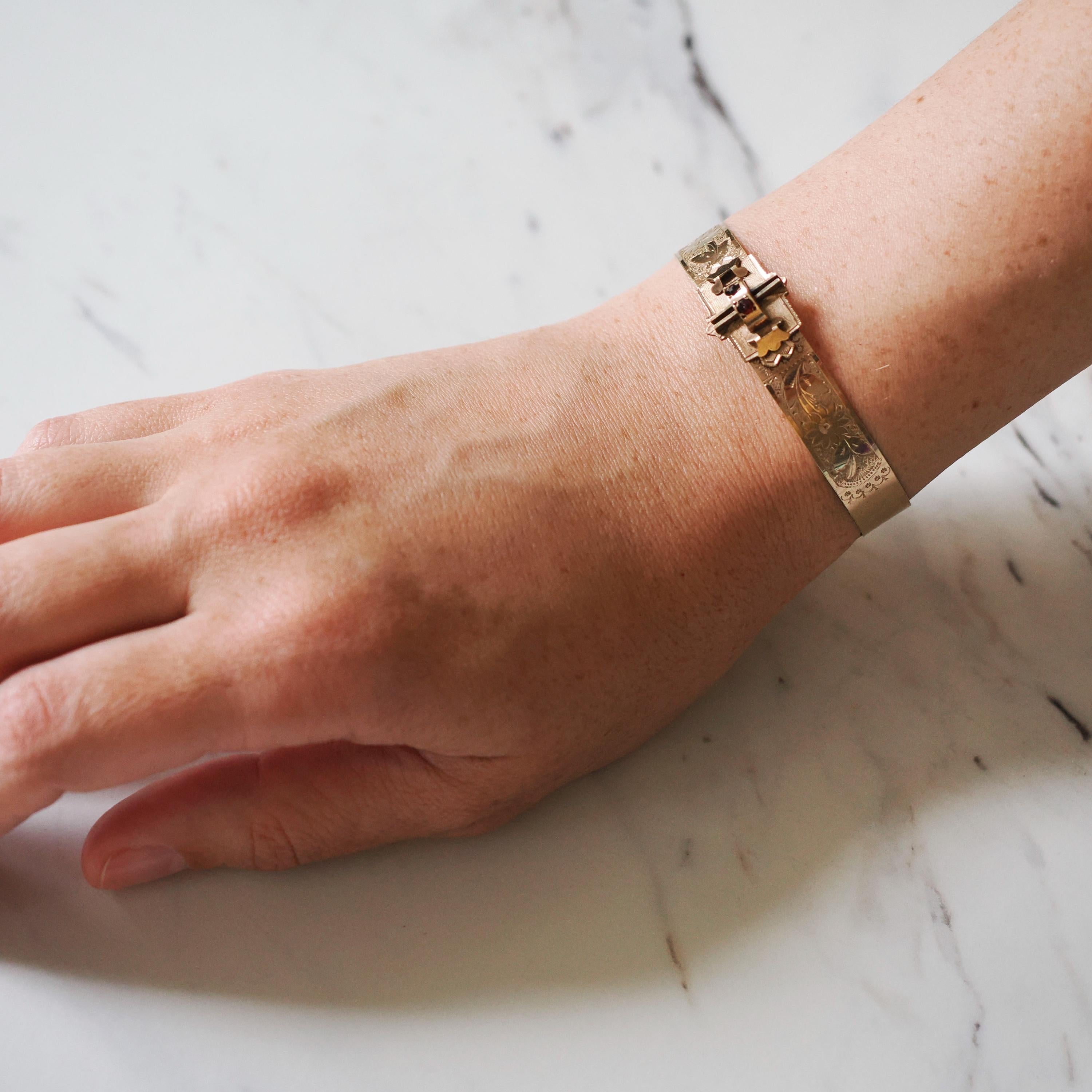 Victorian Era Bangle - Antique Gold Filled Simulated Garnet Red Glass Belt Buckle Style Bracelet - Circa 1900 Floral Children's Jewelry