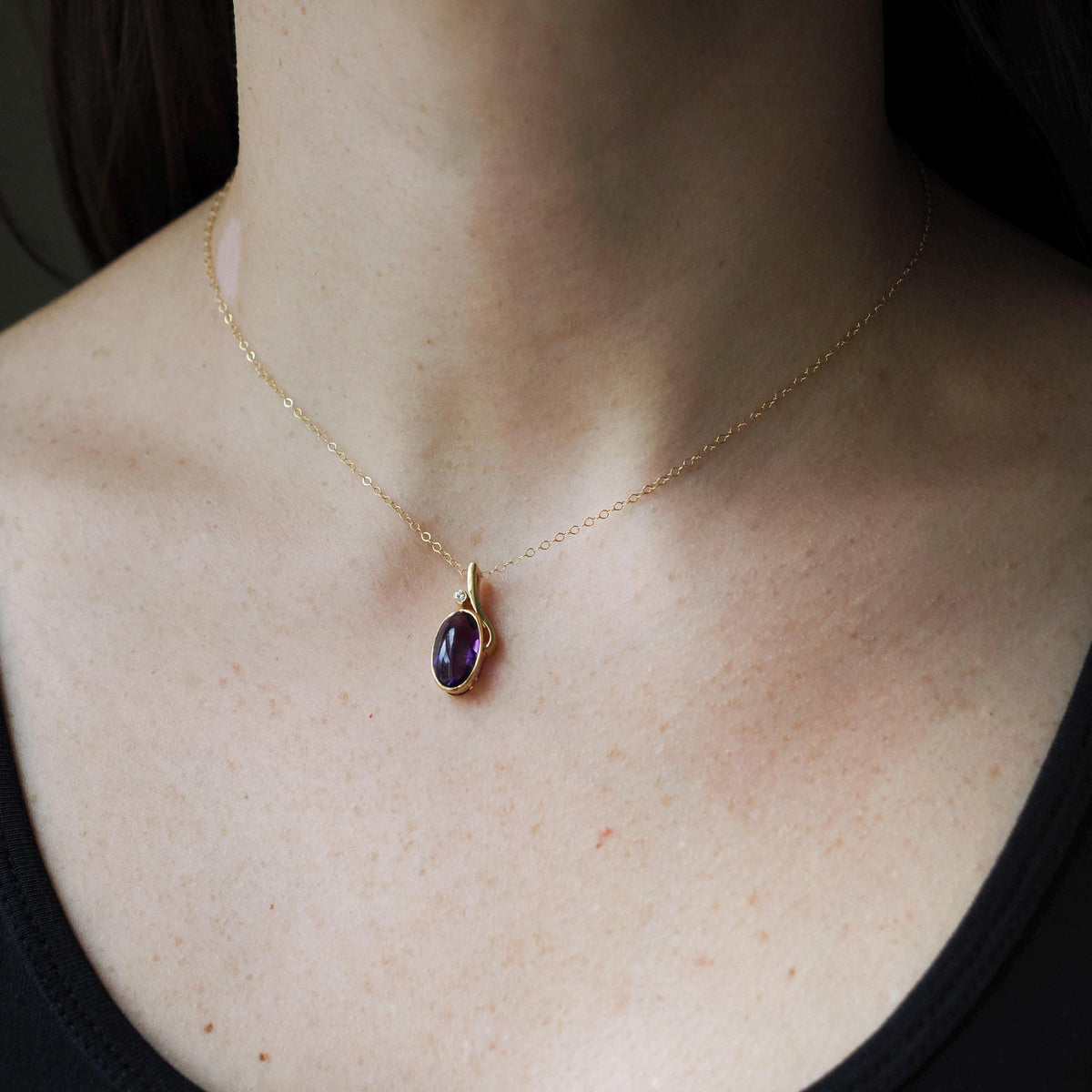 Amethyst & Diamond Charm - Estate 18k Yellow Gold Oval Cabochon Purple Gem Pendant Necklace - Modern Circa 2000s February Birthstone Jewelry