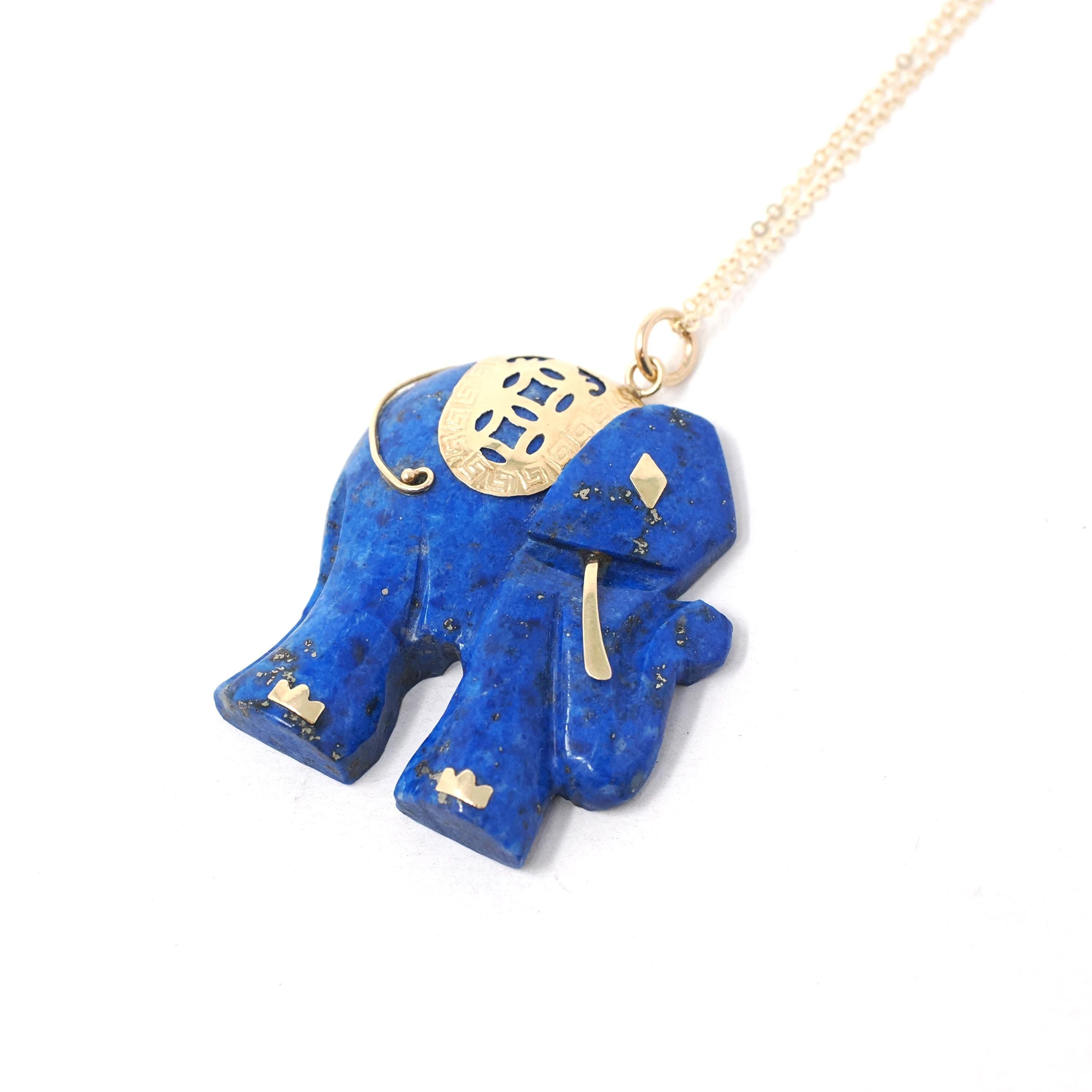Vintage Elephant Pendant - Estate 14k Yellow Gold Carved Natural Blue Lapis Lazuli Gemstone Necklace - 1990's Era Cultural Statement Jewelry