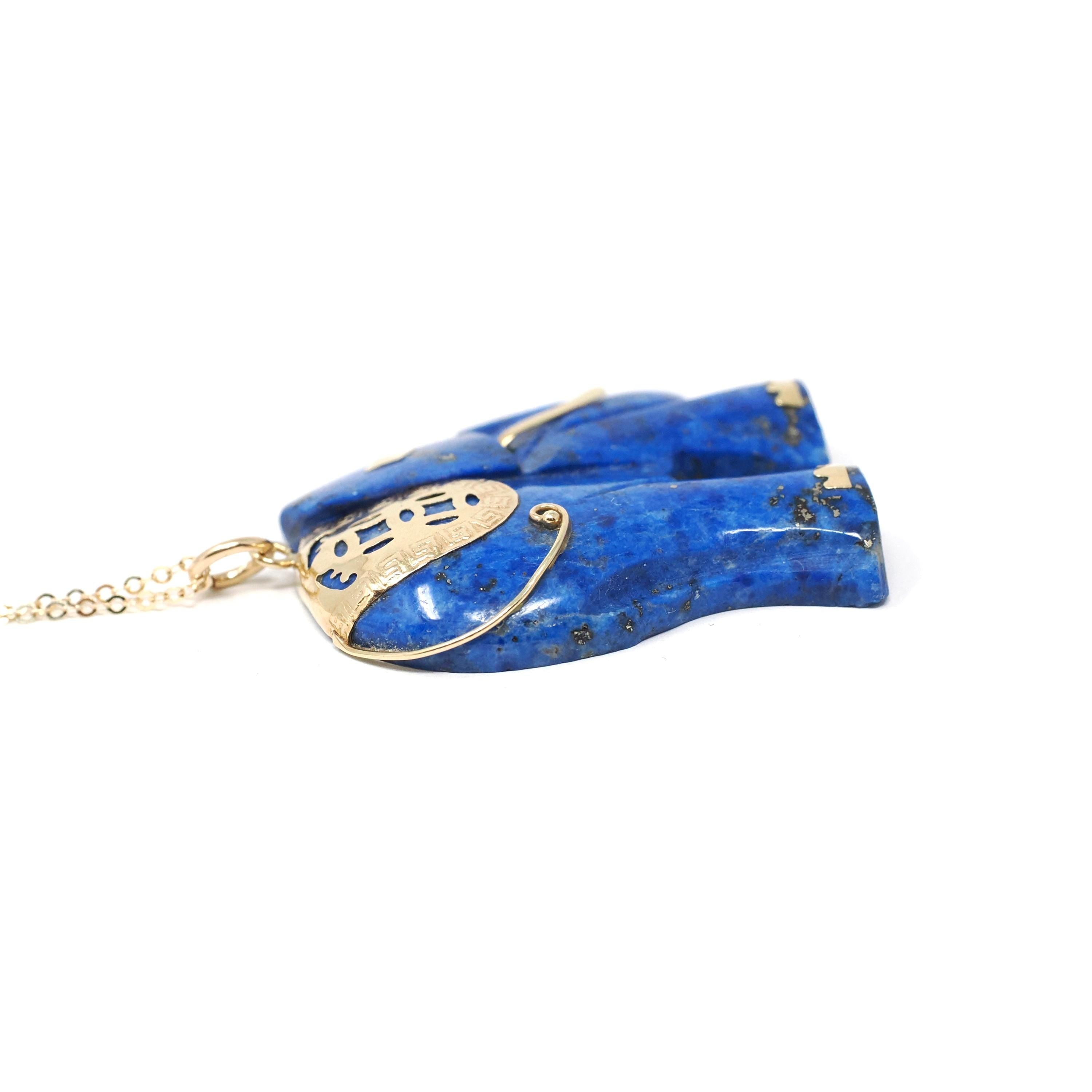 Vintage Elephant Pendant - Estate 14k Yellow Gold Carved Natural Blue Lapis Lazuli Gemstone Necklace - 1990's Era Cultural Statement Jewelry