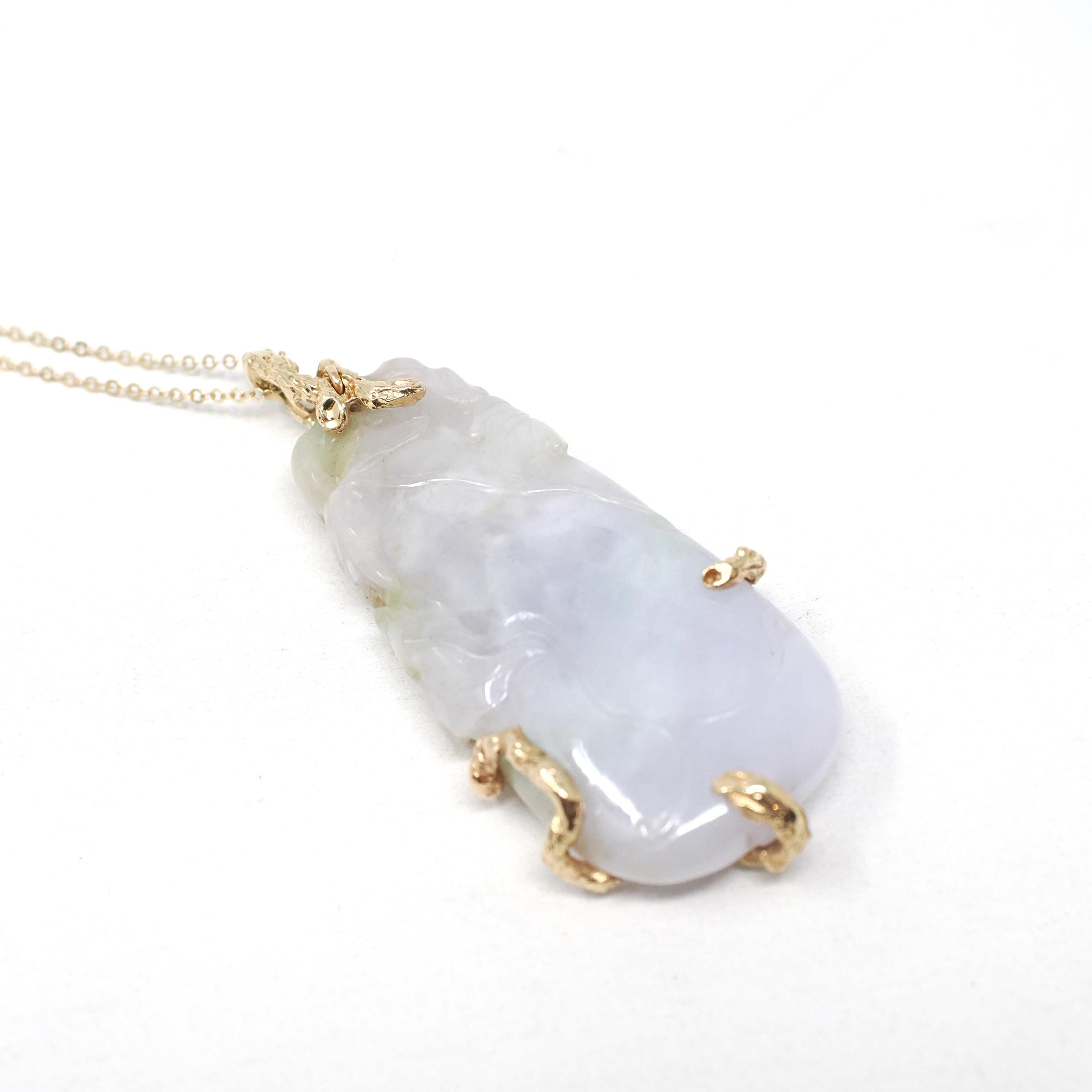 Lavender Jadeite Pendant - Estate 14k Yellow Gold Carved Green & Purple Gemstone - Circa 2000s Fine Nature Inspired Branch Statement Jewelry