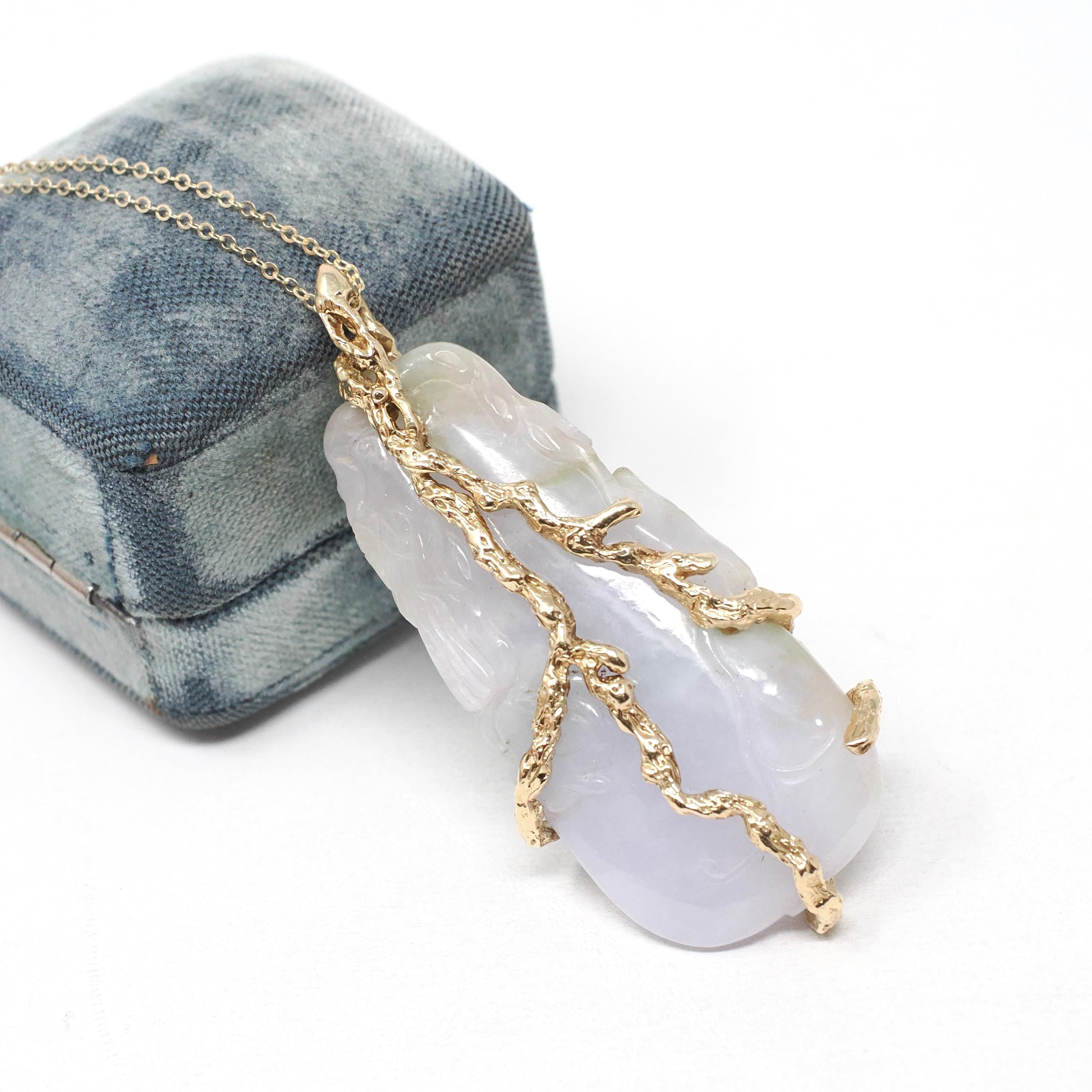 Lavender Jadeite Pendant - Estate 14k Yellow Gold Carved Green & Purple Gemstone - Circa 2000s Fine Nature Inspired Branch Statement Jewelry