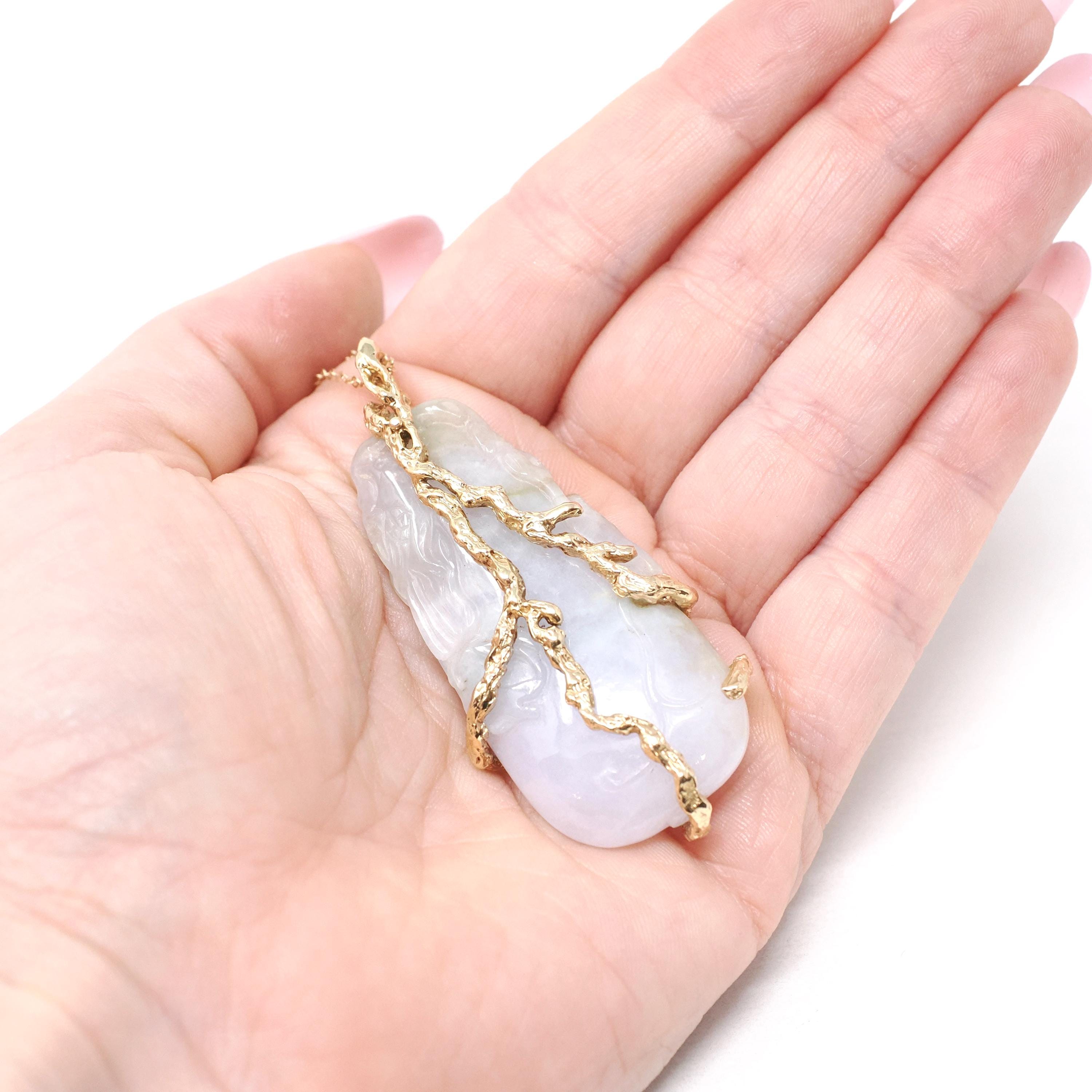 Lavender Jadeite Pendant - Estate 14k Yellow Gold Carved Green & Purple Gemstone - Circa 2000s Fine Nature Inspired Branch Statement Jewelry