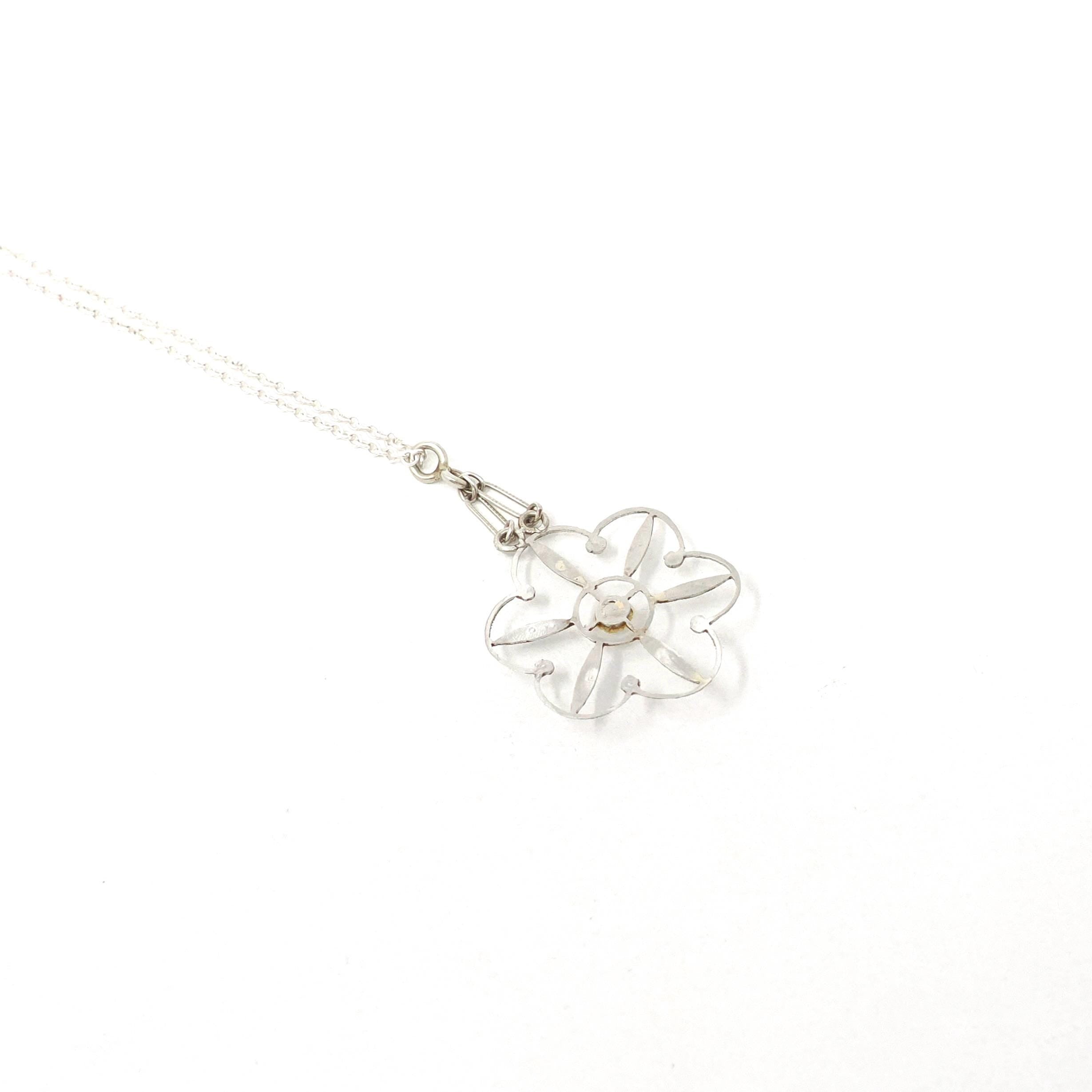 Antique Flower Pendant - Edwardian Era Platinum 10k White Gold Figural Floral Lavalier - Circa 1900s Pearl Diamond Converted Fine Jewelry