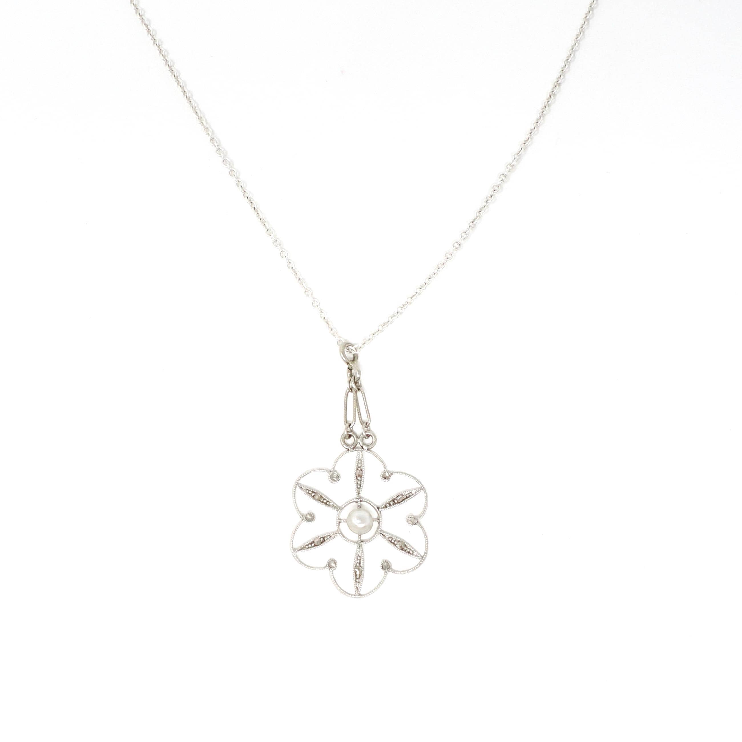 Antique Flower Pendant - Edwardian Era Platinum 10k White Gold Figural Floral Lavalier - Circa 1900s Pearl Diamond Converted Fine Jewelry