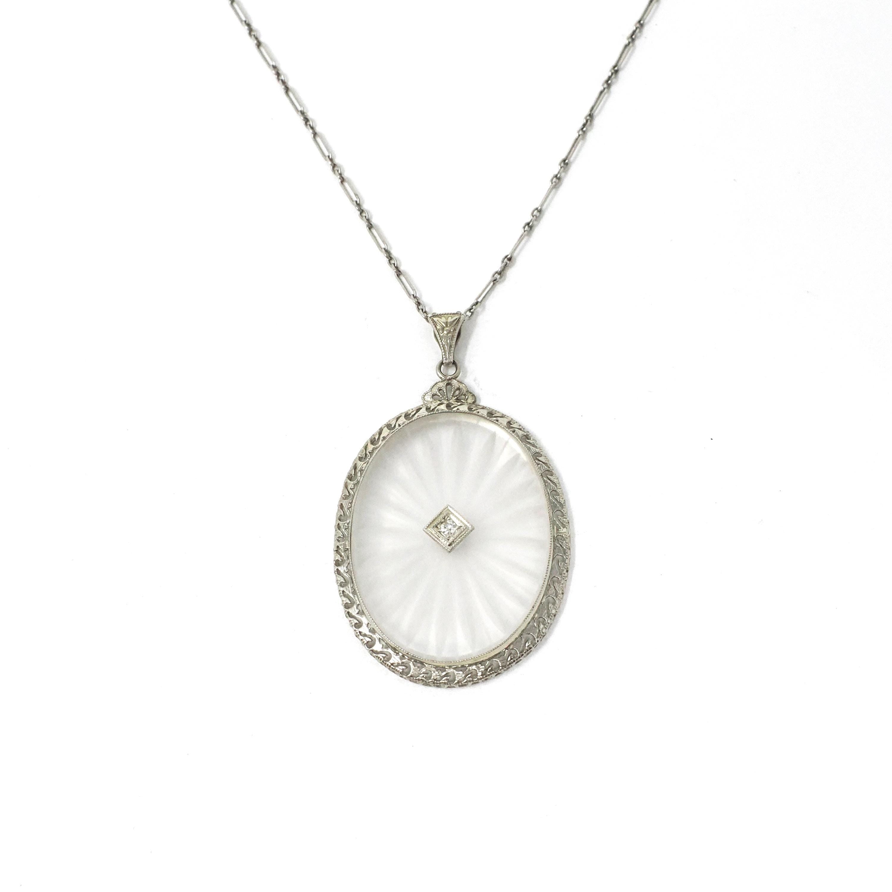 Rock Crystal Quartz Necklace - Art Deco 14k White Gold Oval Natural Diamond Pendant - Antique Circa 1920s Statement Filigree Fine Jewelry
