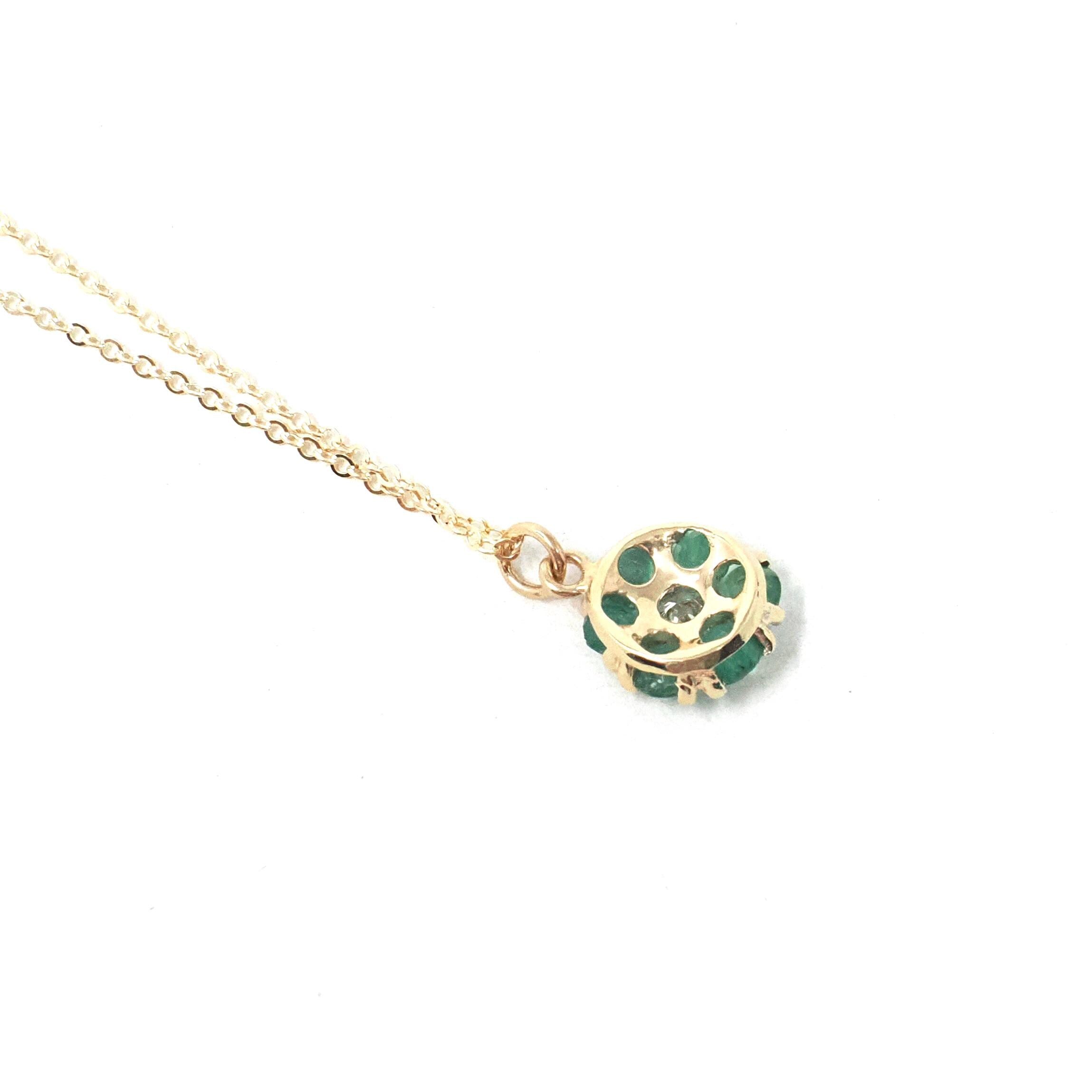 Floral Halo Necklace - Modern 14k Yellow Gold Natural .16 CT Diamond & Emerald Gemstones - Circa 1990s Petite Flower Pendant Fine Jewelry
