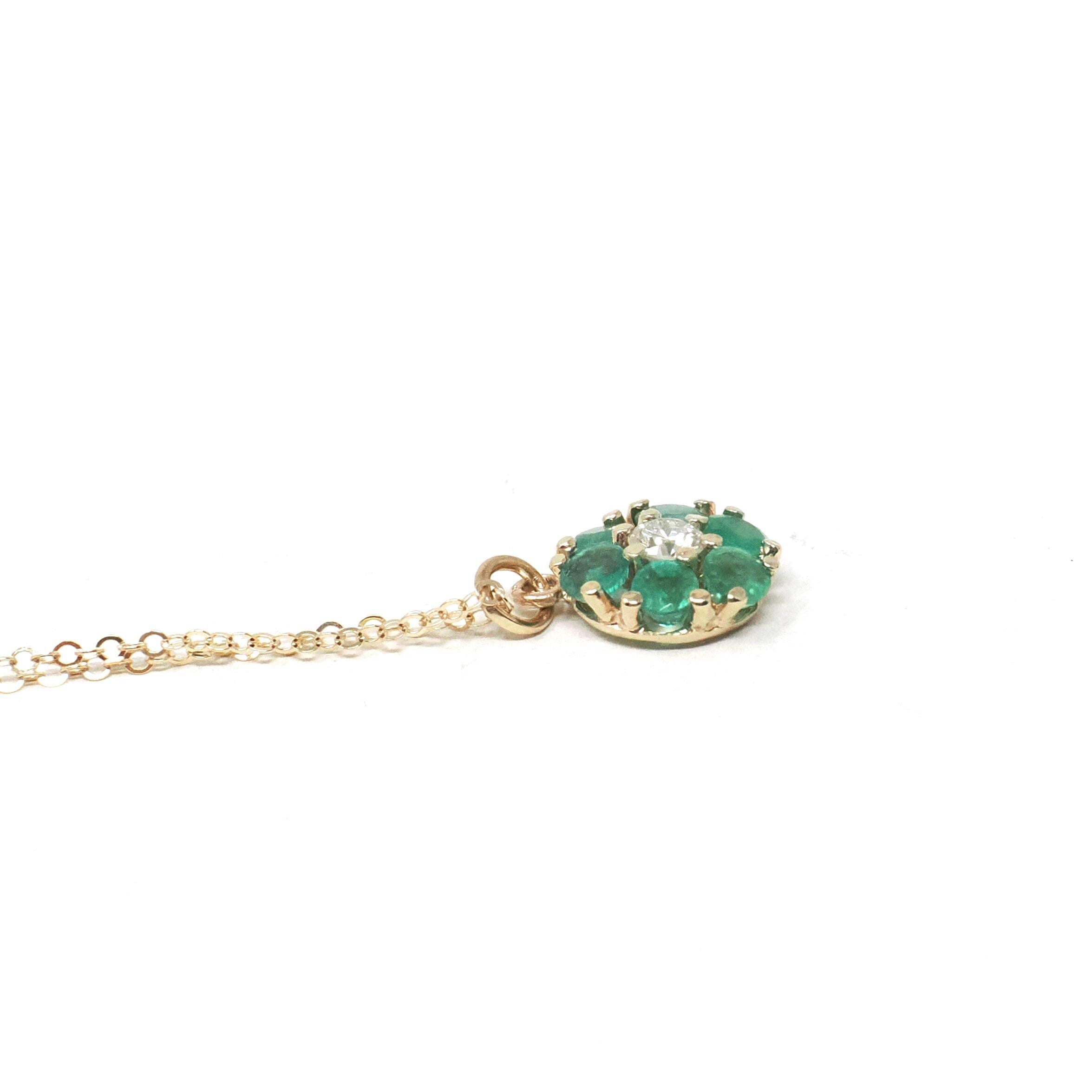Floral Halo Necklace - Modern 14k Yellow Gold Natural .16 CT Diamond & Emerald Gemstones - Circa 1990s Petite Flower Pendant Fine Jewelry